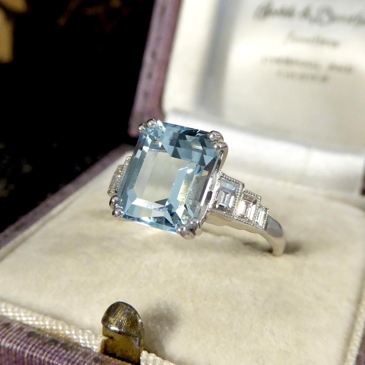 Art Deco Inspired 3.30ct Aquamarine and Diamond Staged Ring in Platinum 3