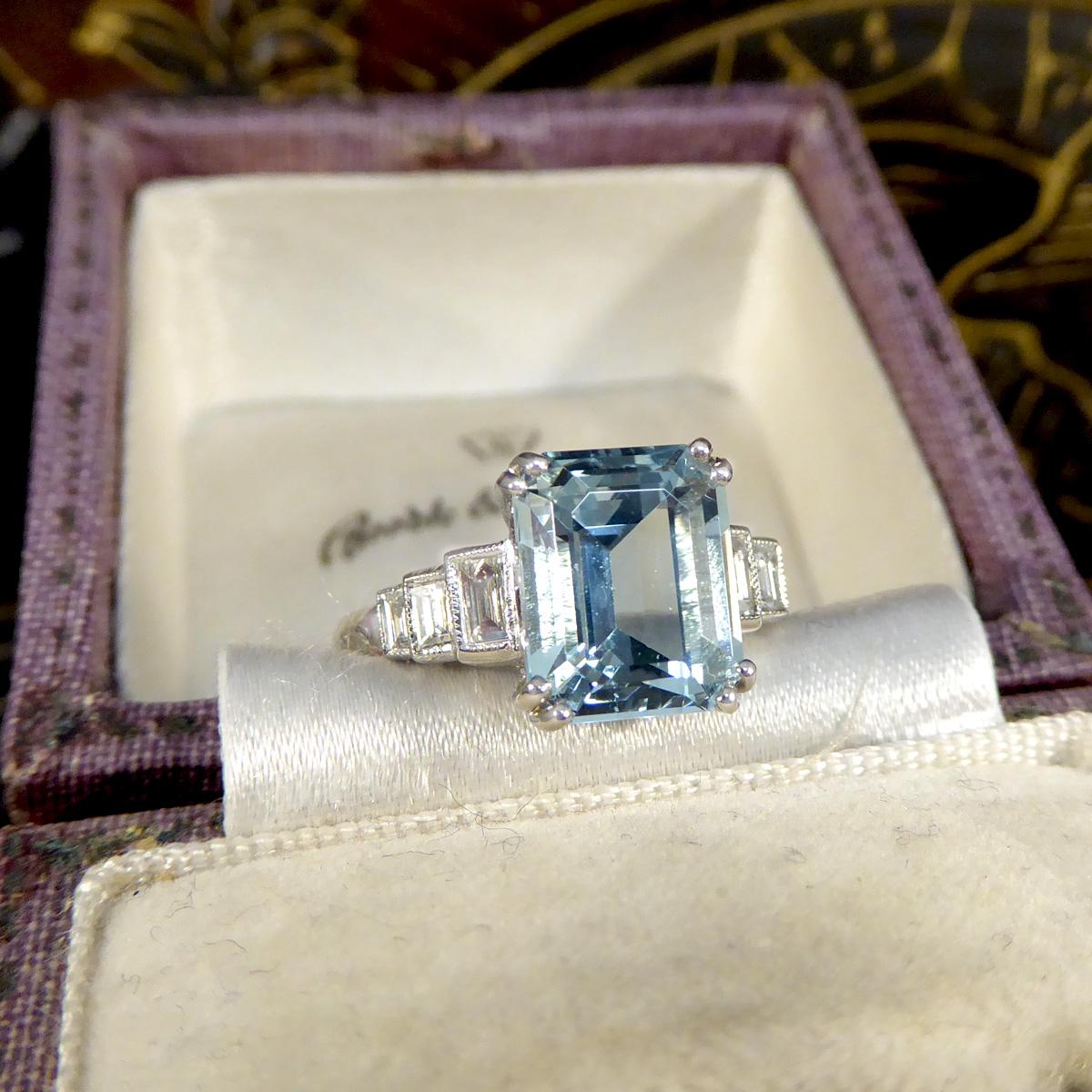 Art Deco Inspired 3.30ct Aquamarine and Diamond Staged Ring in Platinum 4