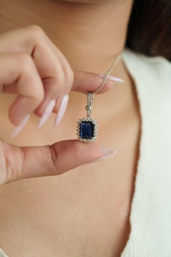 Art Deco Inspired 3.32ct Blue Sapphire & Diamond Halo Pendant in 14K White Gold