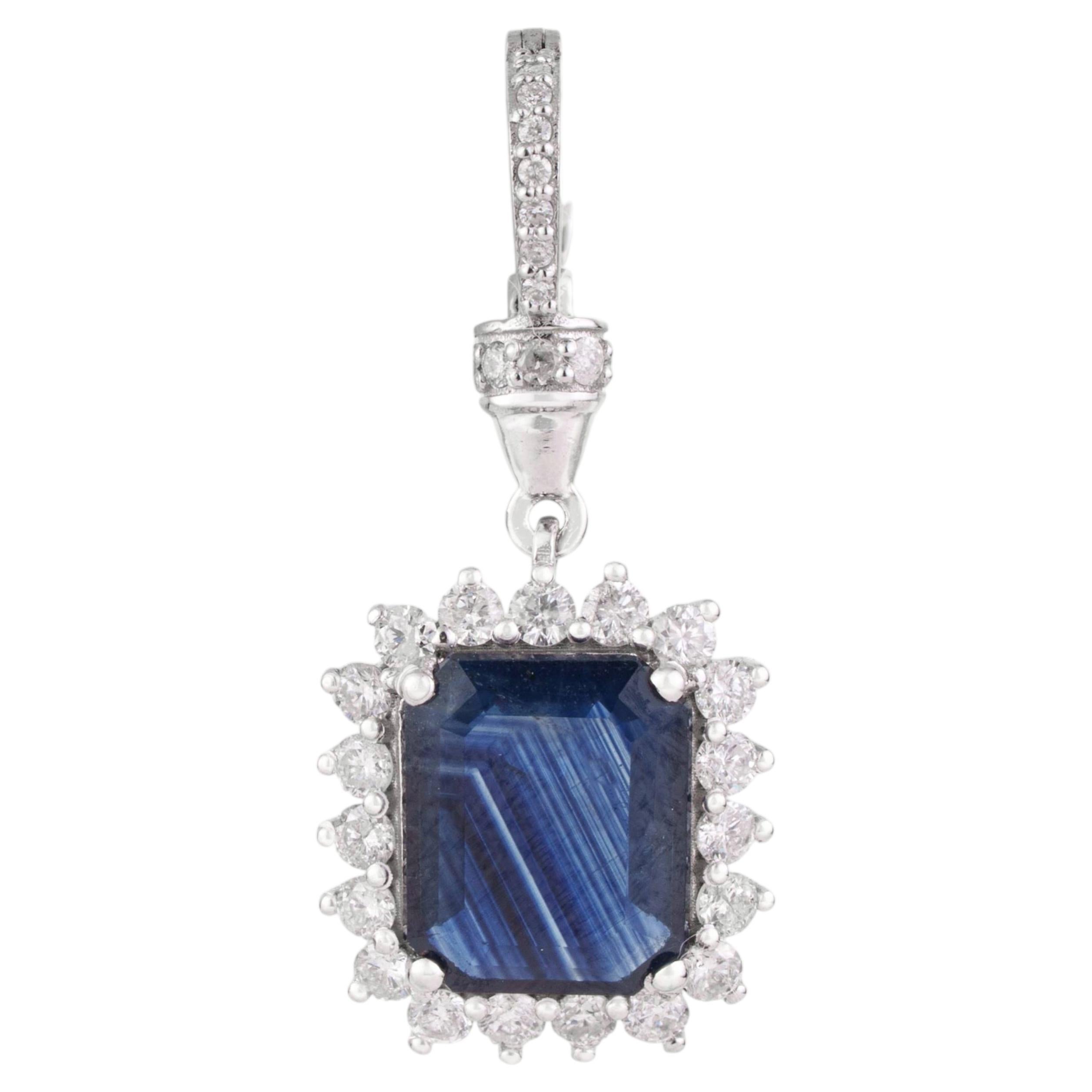 Art Deco Inspired 3.32ct Blue Sapphire & Diamond Halo Pendant in 14K White Gold