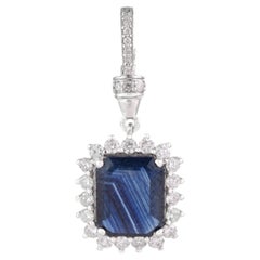 Art Deco Inspired 3.32ct Blue Sapphire & Diamond Halo Pendant in 14K White Gold