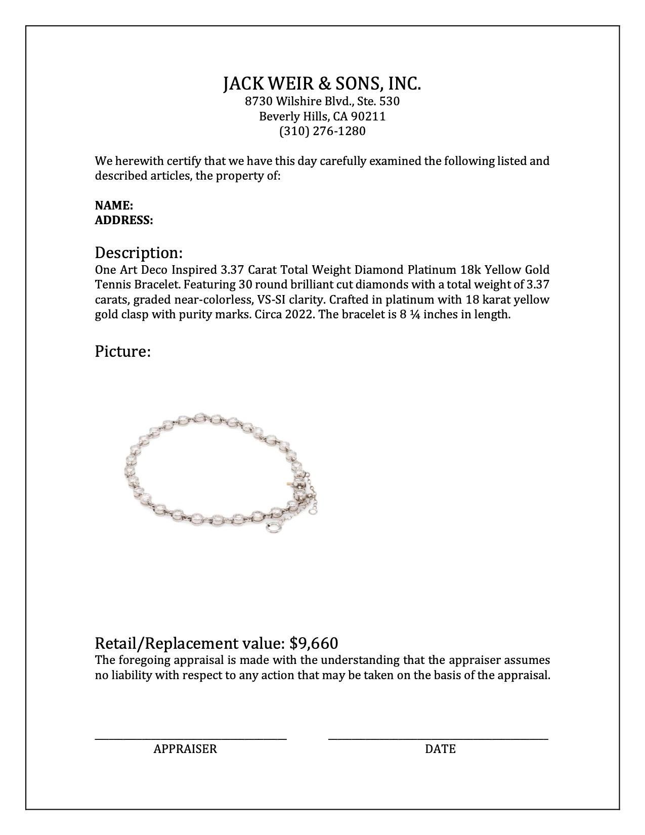 Women's or Men's Art Deco Inspired 3.37 Carat Total Weight Diamond Platinum Tennis Bracelet For Sale