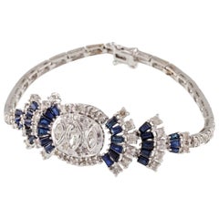 Art Deco Inspired 3.4 Carat Diamond and Sapphire Plaque Bracelet in White Gold Art Deco Inspired 3.4 Carat Diamond and Sapphire Plaque Bracelet in White Gold