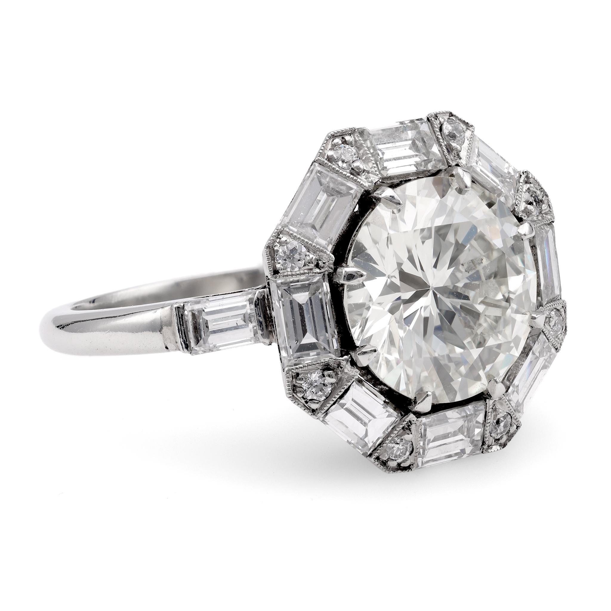 Brilliant Cut Art Deco Inspired 3.46 Carat Diamond Platinum Engagement Ring For Sale