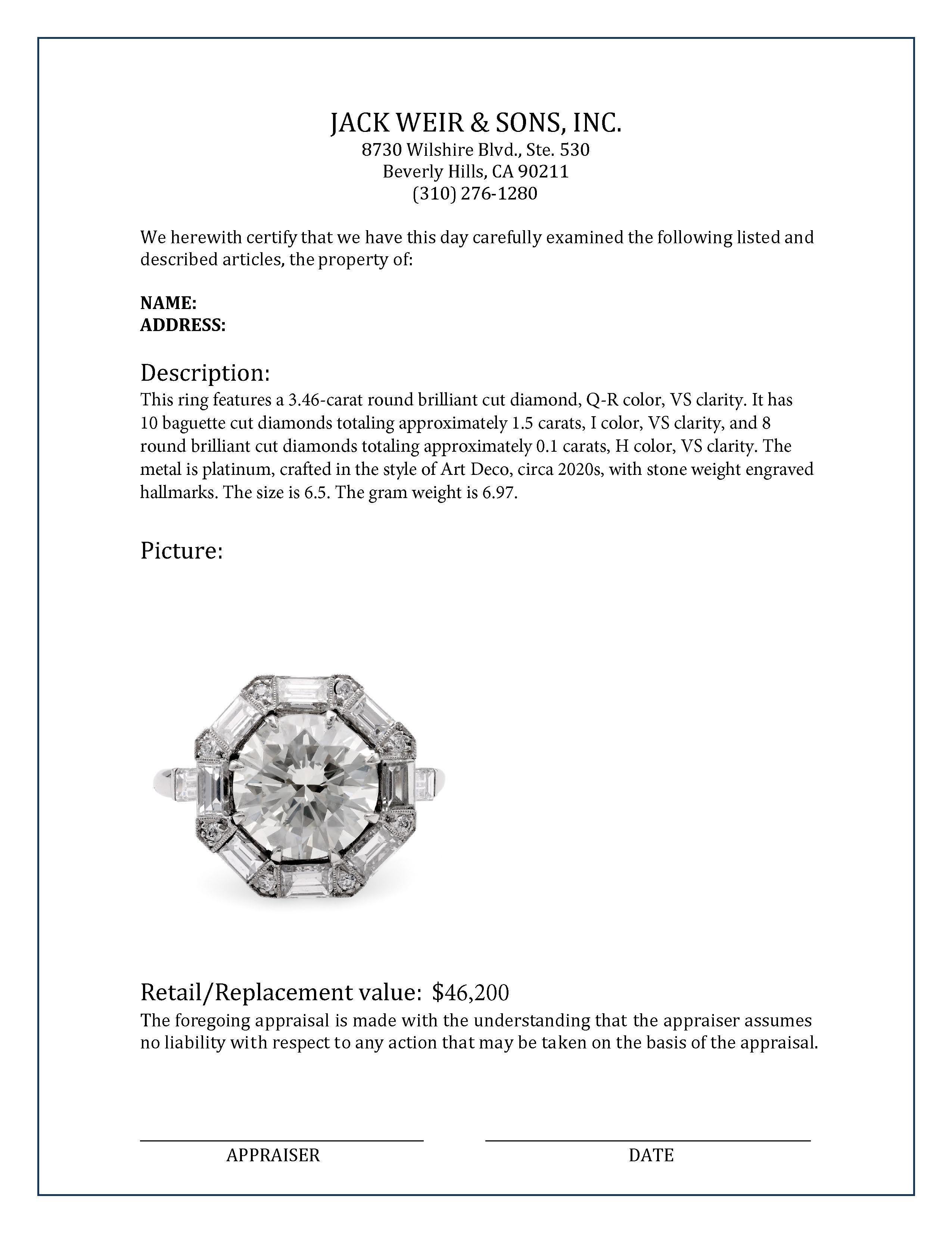 Art Deco Inspired 3.46 Carat Diamond Platinum Engagement Ring In Excellent Condition For Sale In Beverly Hills, CA