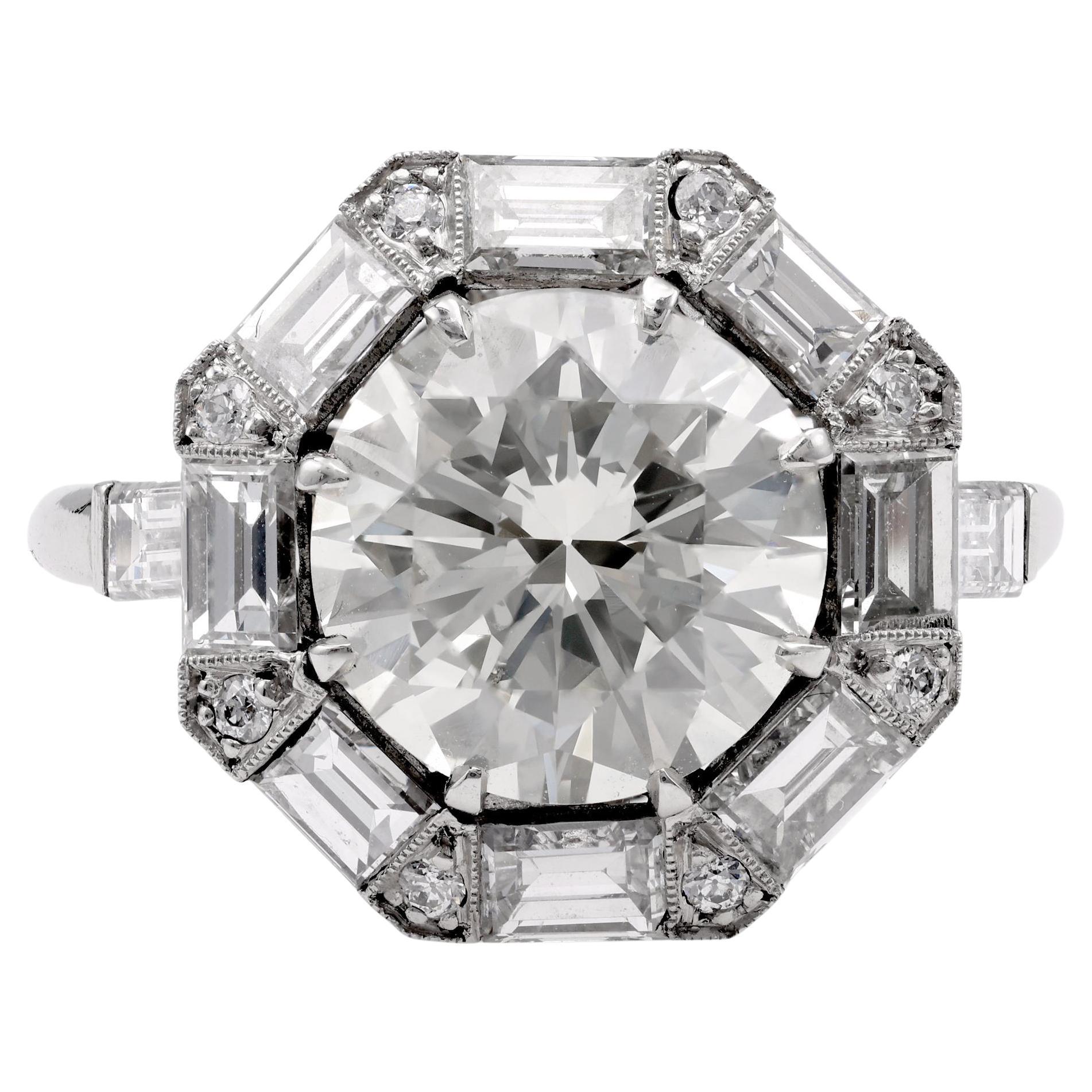 Art Deco Inspired 3.46 Carat Diamond Platinum Engagement Ring