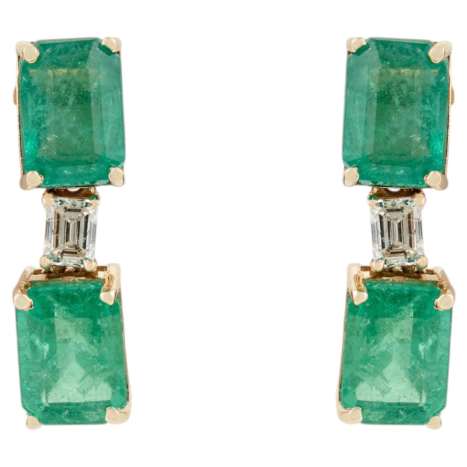Art Deco Inspired 3.76 Ct Emerald & Diamond Drop Earrings in 14K Yellow Gold