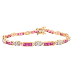 Art Deco Inspired 3.76 Ct Ruby & 1.33 Ct Diamond Tennis Bracelet 14K Yellow Gold