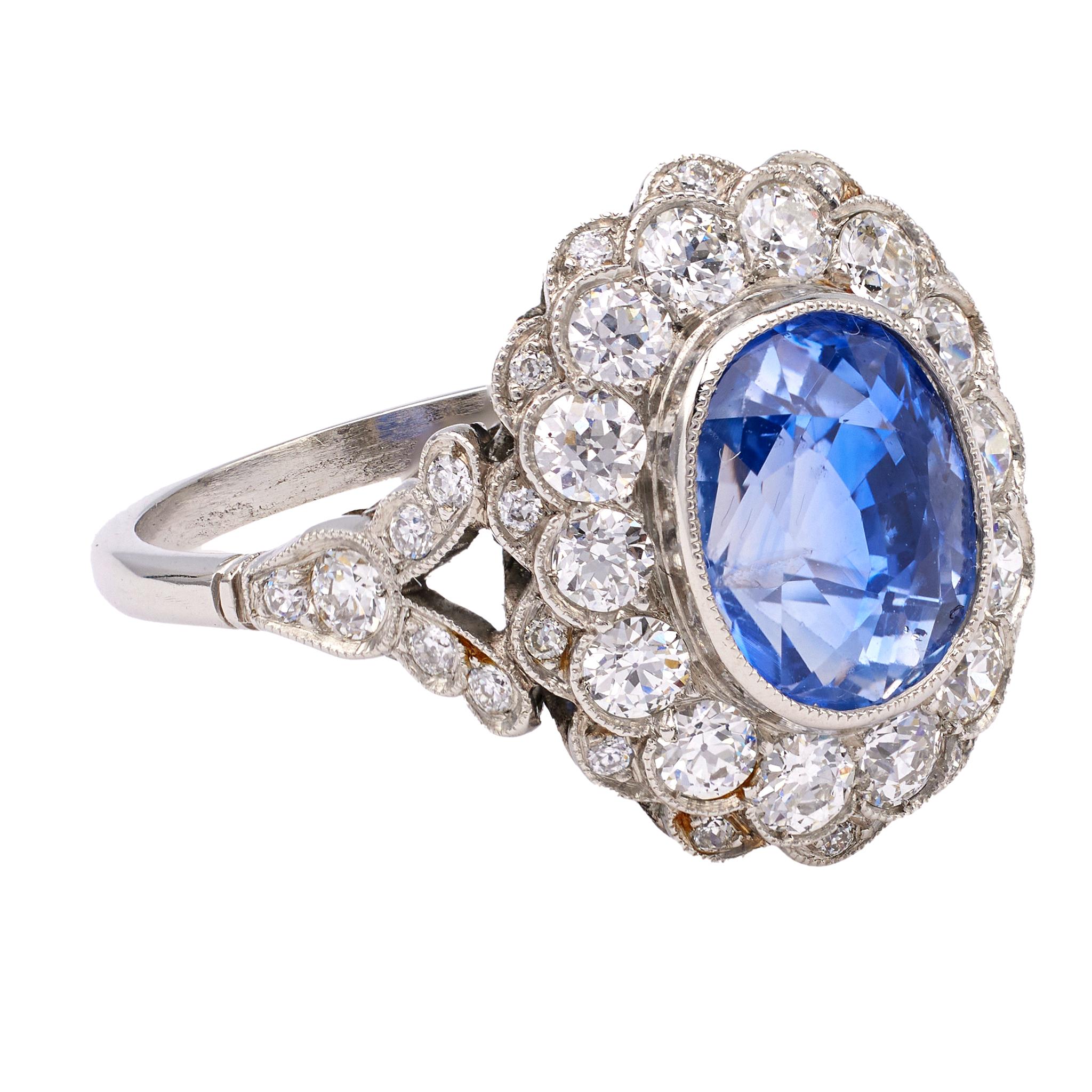 Women's or Men's Art Deco Inspired 3.94 Carat Sapphire and Diamond Platinum Cluster Ring For Sale