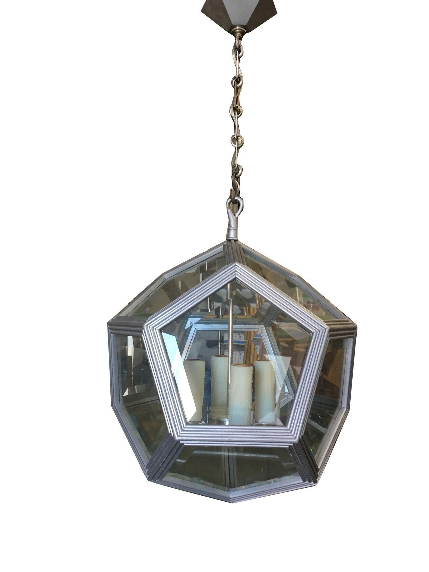 Art Deco Inspired 4-Light Custom Made Pentagon Window Chandelier For Sale 3