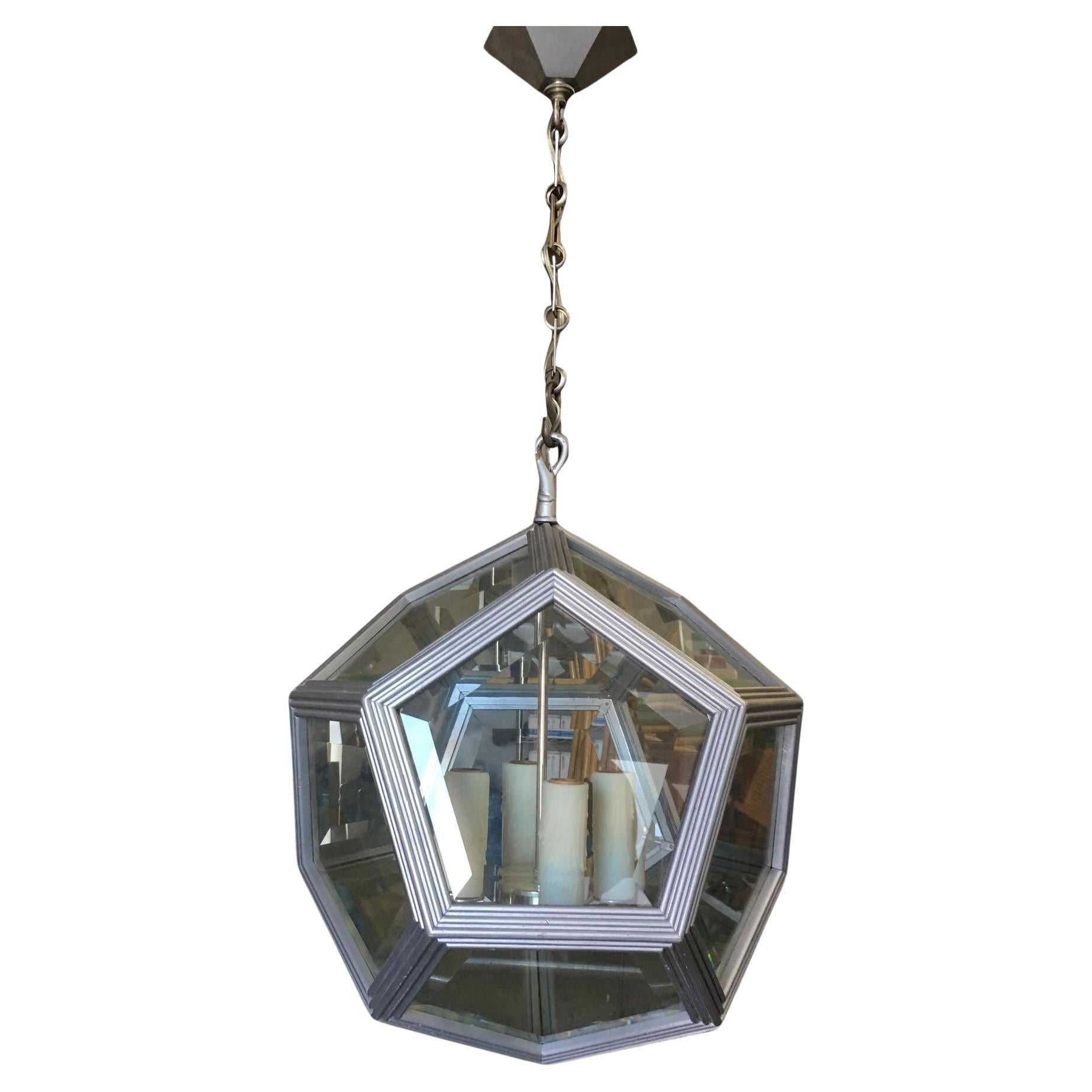 Art Deco Inspired 4-Light Custom Made Pentagon Window Chandelier For Sale