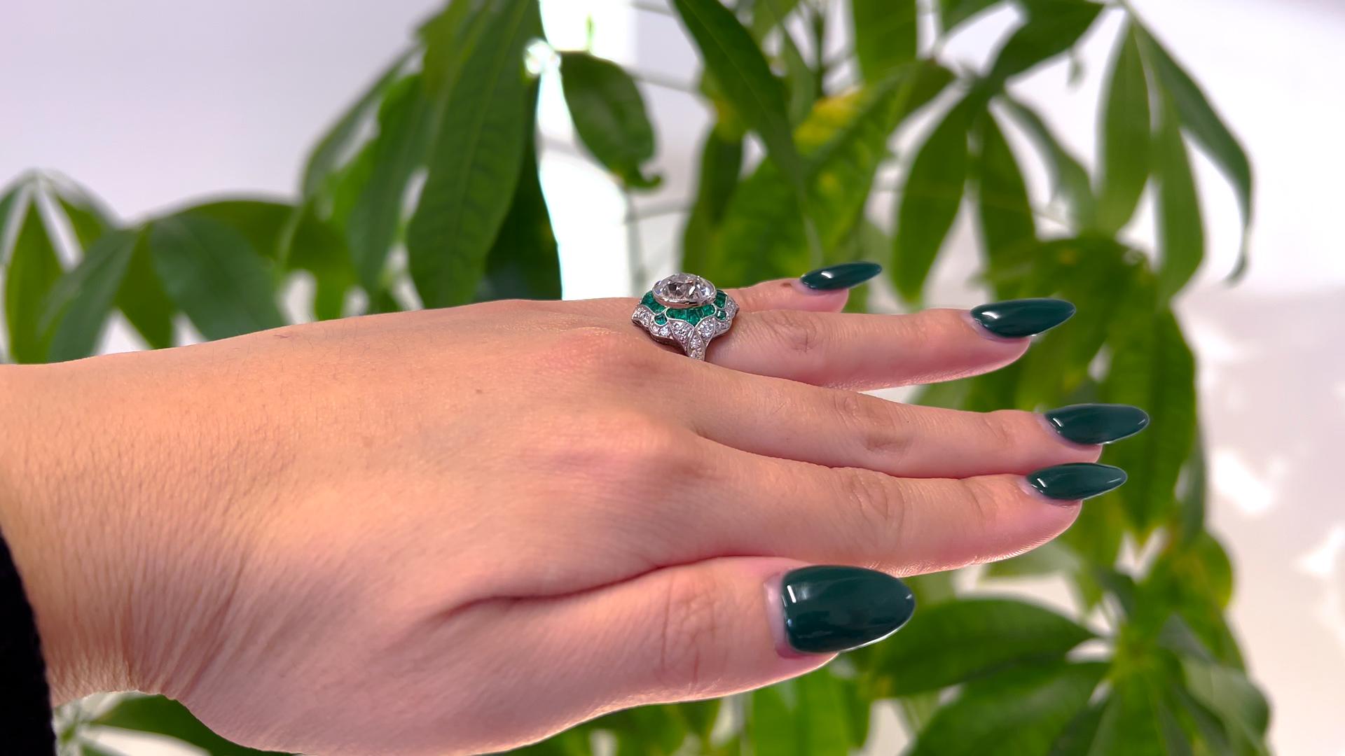 Women's or Men's Art Deco Inspired 4.03 Carat Old Mine Cut Diamond Emerald Platinum Ring For Sale