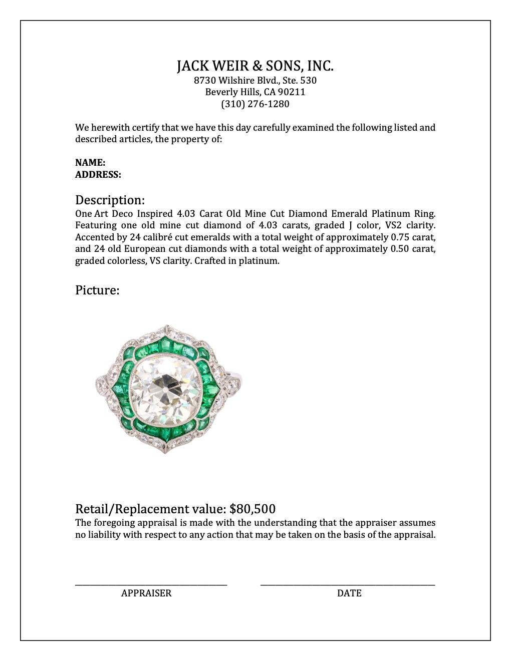 Art Deco Inspired 4.03 Carat Old Mine Cut Diamond Emerald Platinum Ring For Sale 3