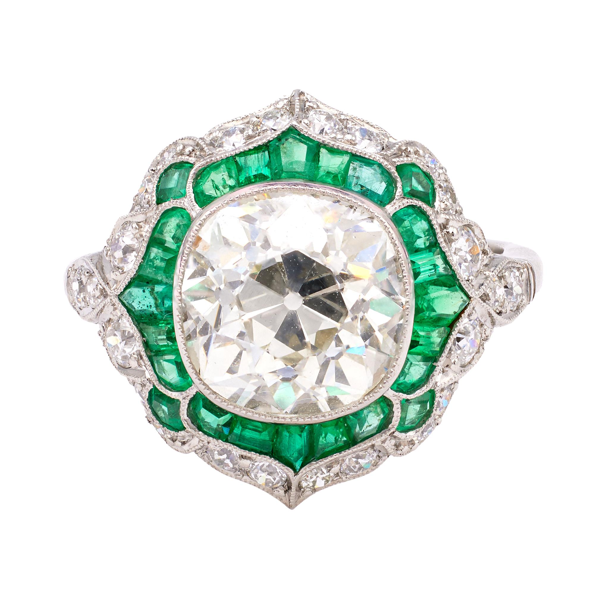 Art Deco Inspired 4.03 Carat Old Mine Cut Diamond Emerald Platinum Ring For Sale
