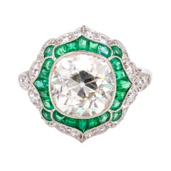 Vintage Art Deco Inspired 4.03 Carat Old Mine Cut Diamond Emerald Platinum Ring