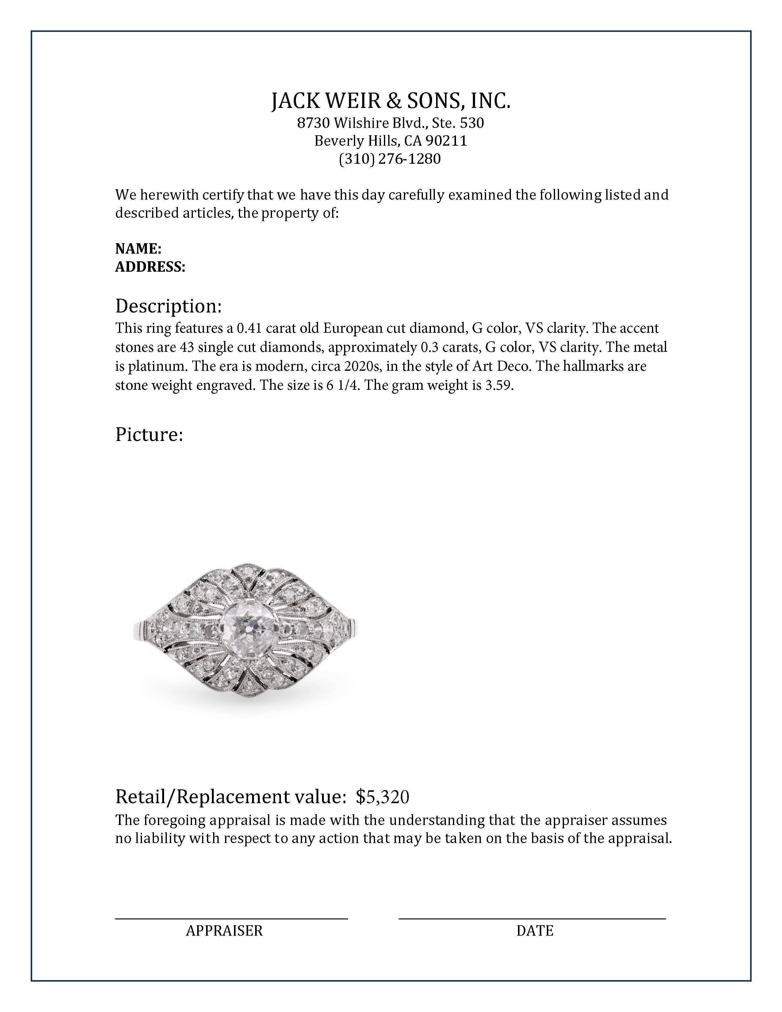 Art Deco Inspiriert .41 Karat Diamant Platin Ring (Alteuropäischer Schliff) im Angebot