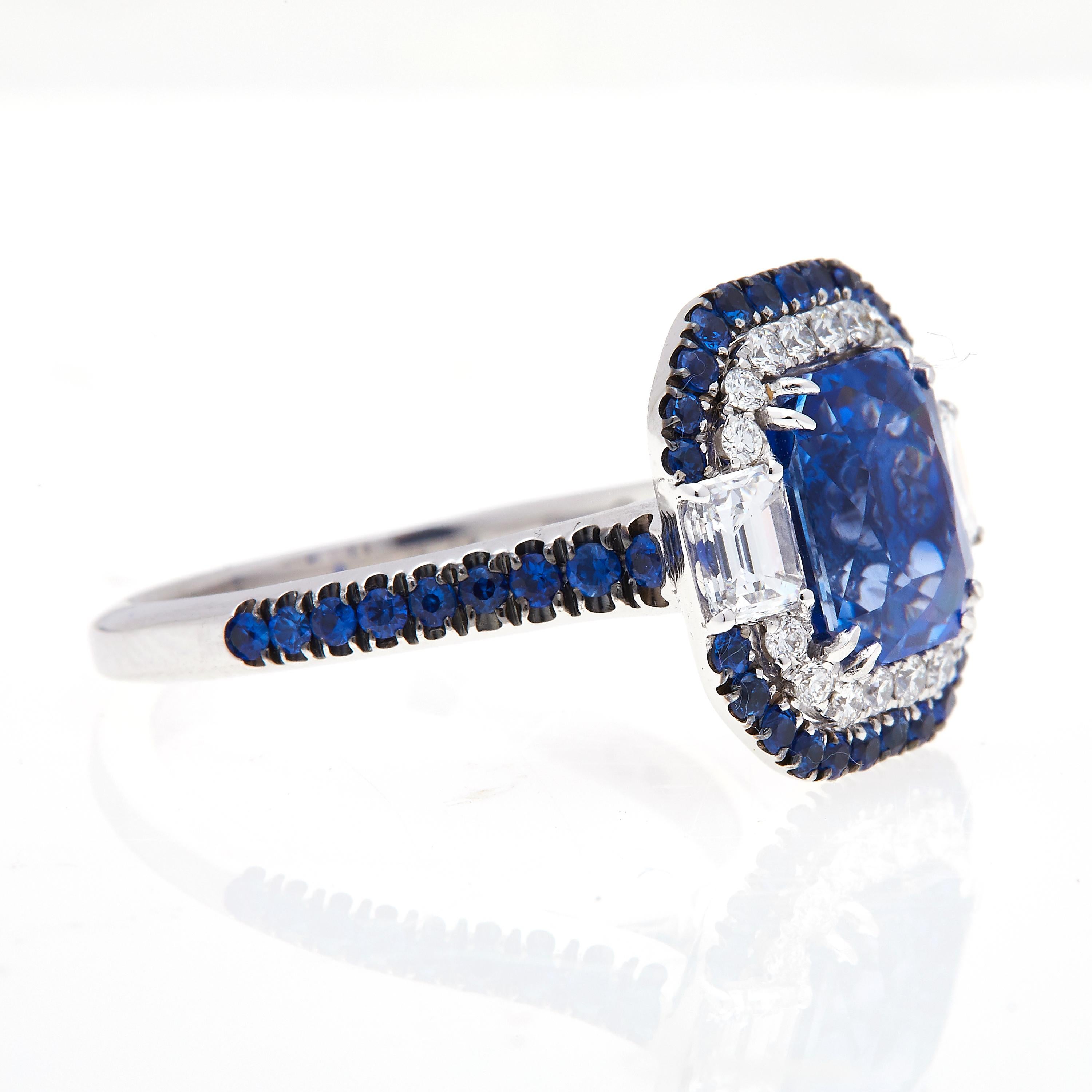 Cushion Cut Art Deco Inspired 4.11ct Certified Unheated Blue Cushion Sapphire Ring For Sale
