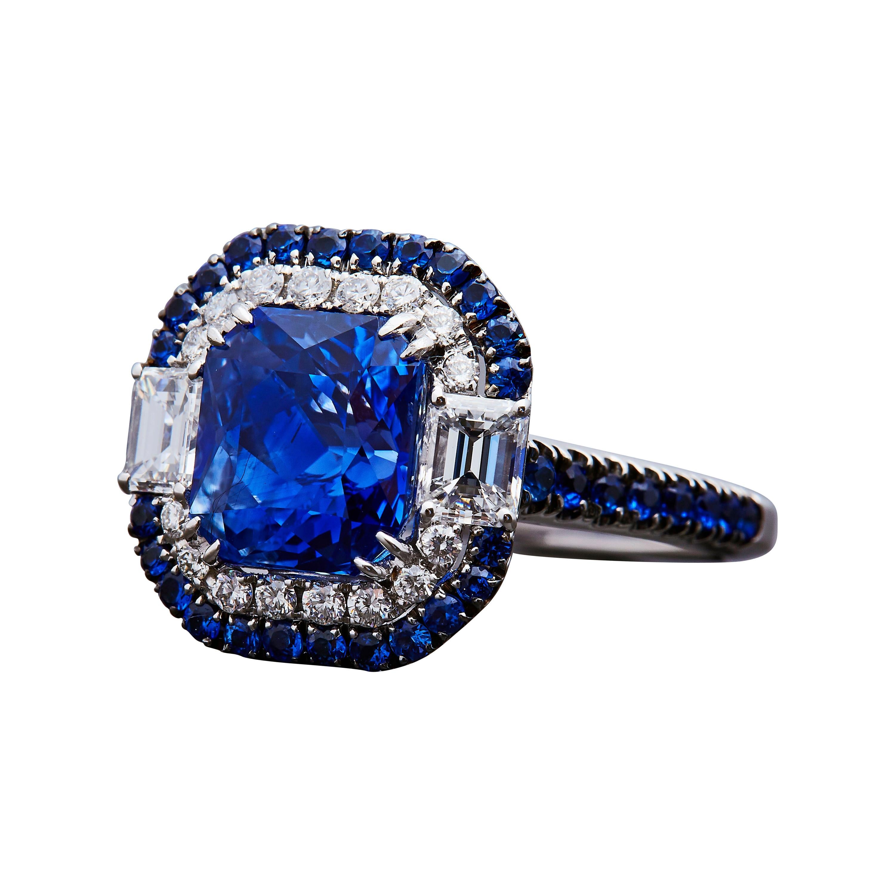 Art Deco Inspired 4.11ct Certified Unheated Blue Cushion Sapphire Ring For Sale