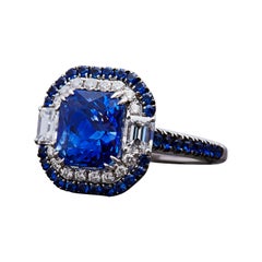 Art Deco Inspired 4.11ct Certified Unheated Blue Cushion Sapphire Ring