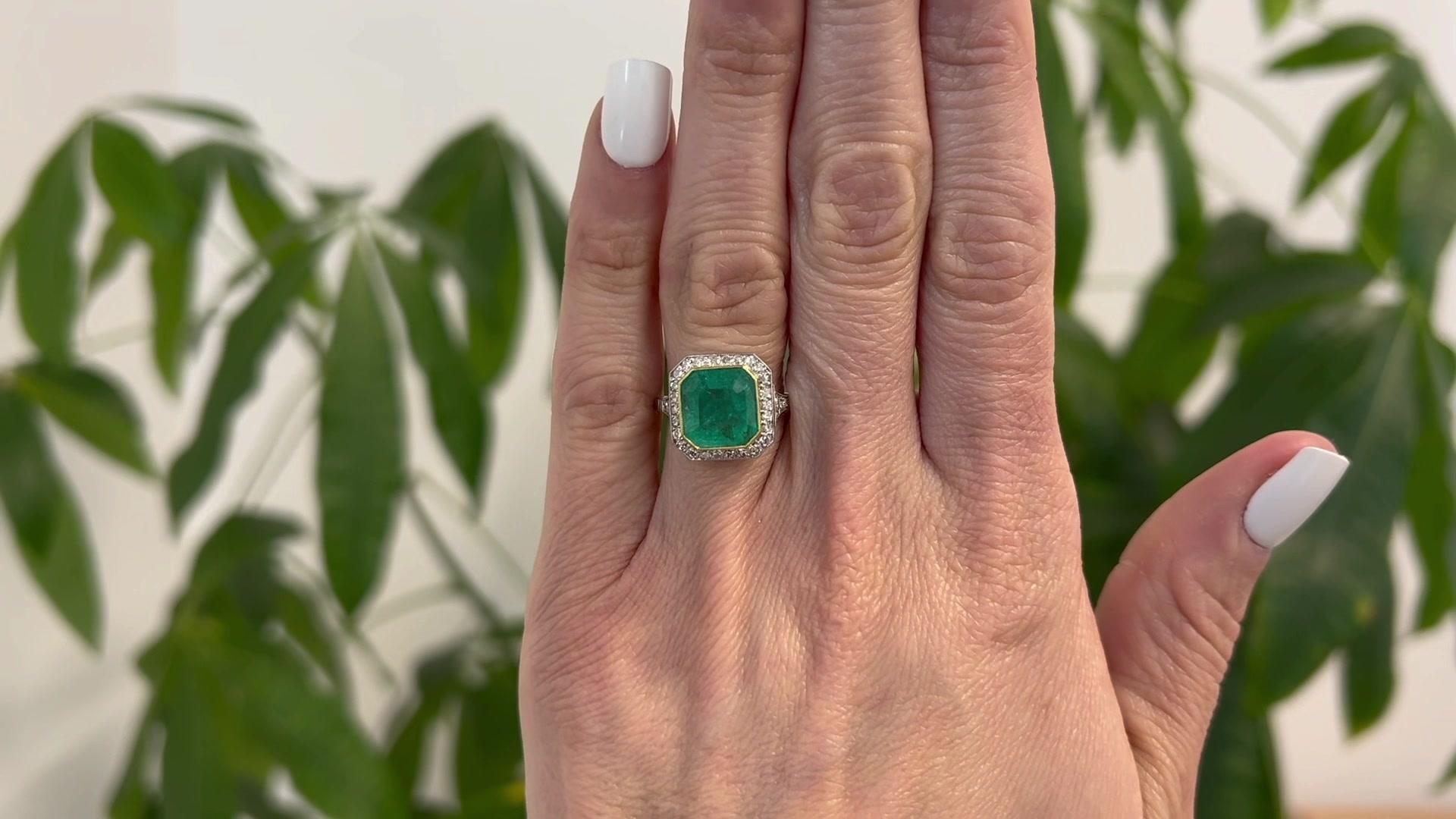 Octagon Cut Art Deco Inspired 4.27 Carats Emerald Diamond Platinum Halo Ring