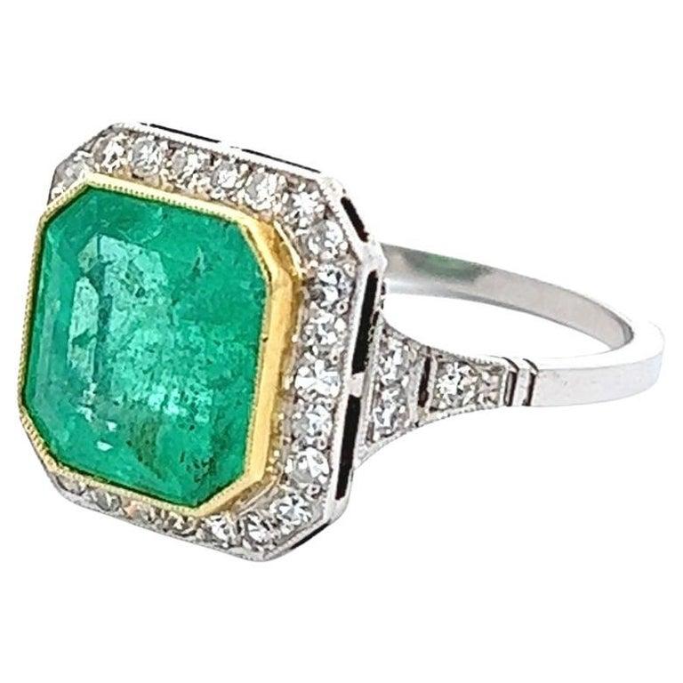 Women's or Men's Art Deco Inspired 4.27 Carats Emerald Diamond Platinum Halo Ring