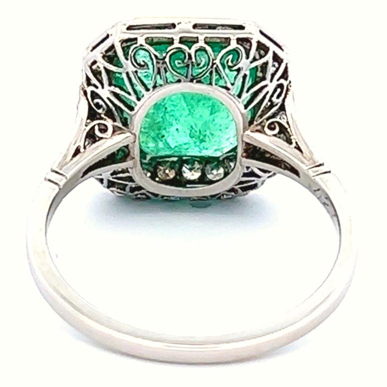 Art Deco Inspired 4.27 Carats Emerald Diamond Platinum Halo Ring 1