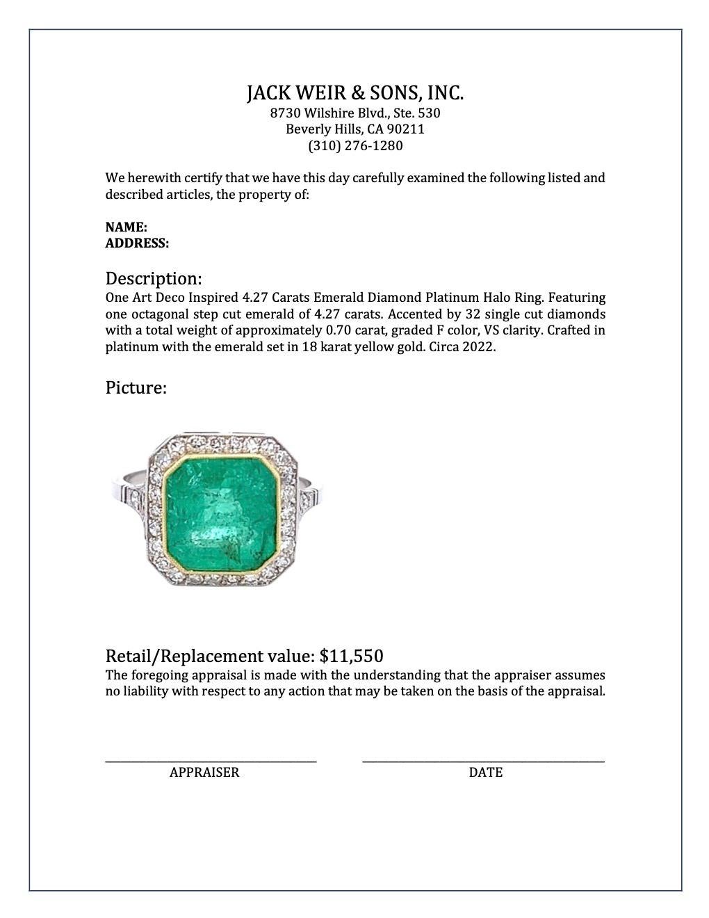 Art Deco Inspired 4.27 Carats Emerald Diamond Platinum Halo Ring 2