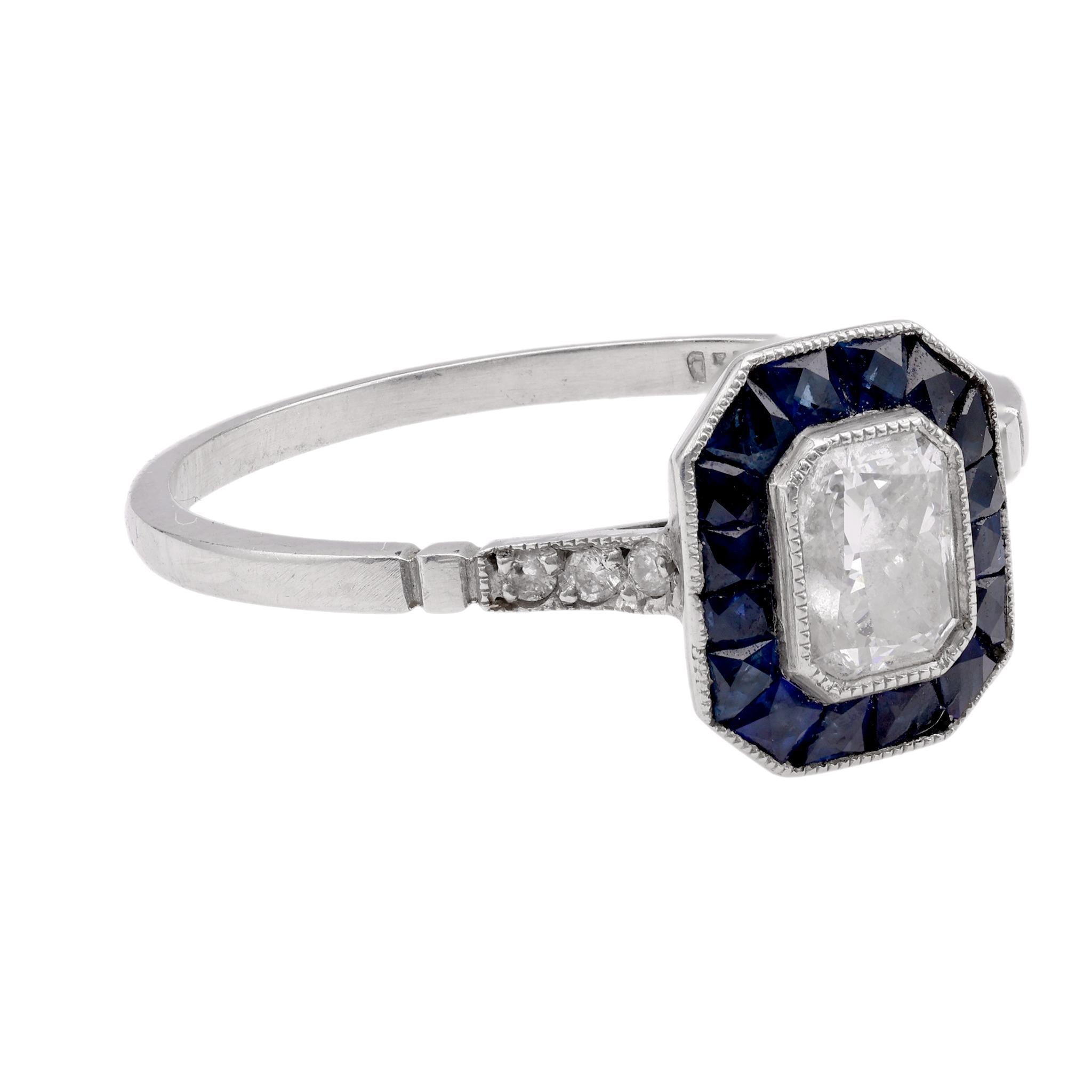 Radiant Cut Art Deco Inspired .47 Carat Diamond Sapphire Platinum Ring