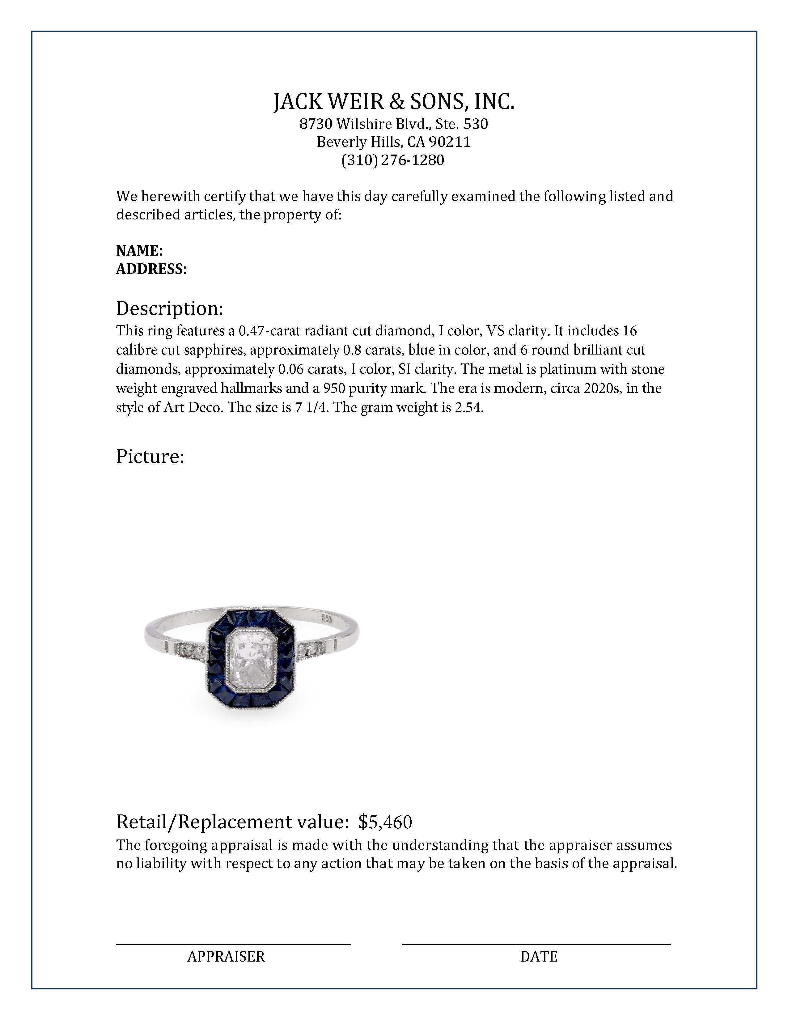 Art Deco Inspired .47 Carat Diamond Sapphire Platinum Ring In Excellent Condition In Beverly Hills, CA