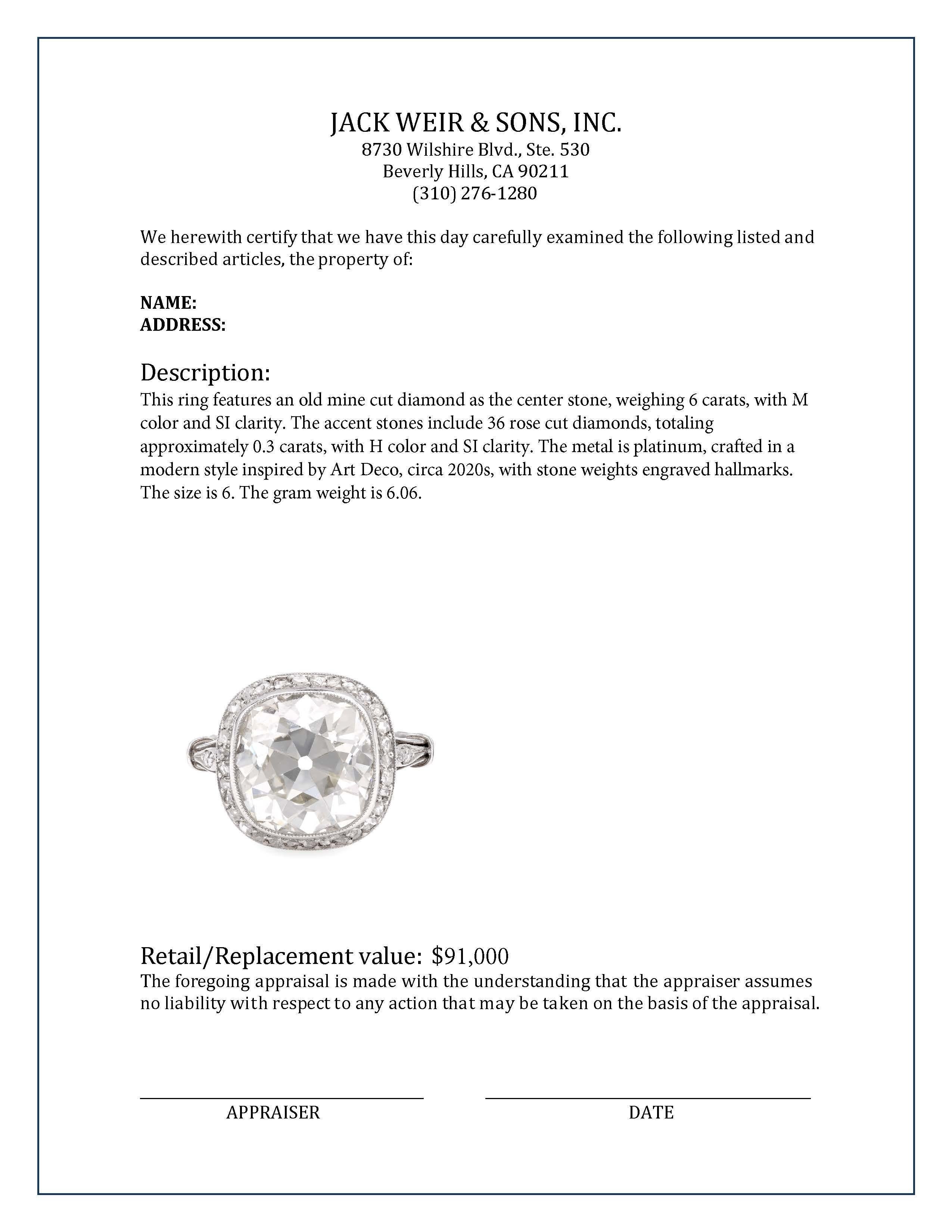 Women's or Men's Art Deco Inspired 6 Carat Old Mine Cut Diamond Platinum Ring For Sale
