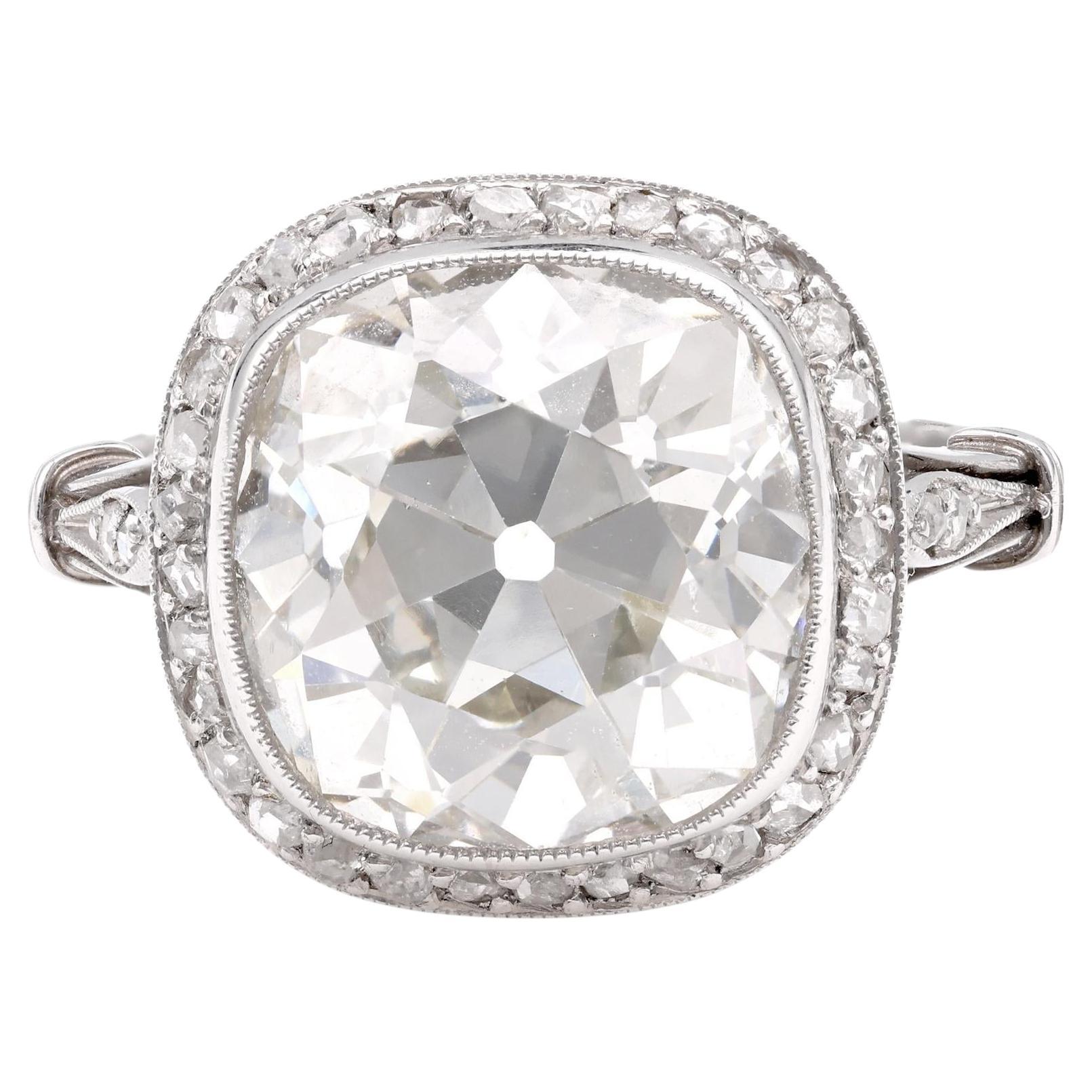 Art Deco Inspired 6 Carat Old Mine Cut Diamond Platinum Ring
