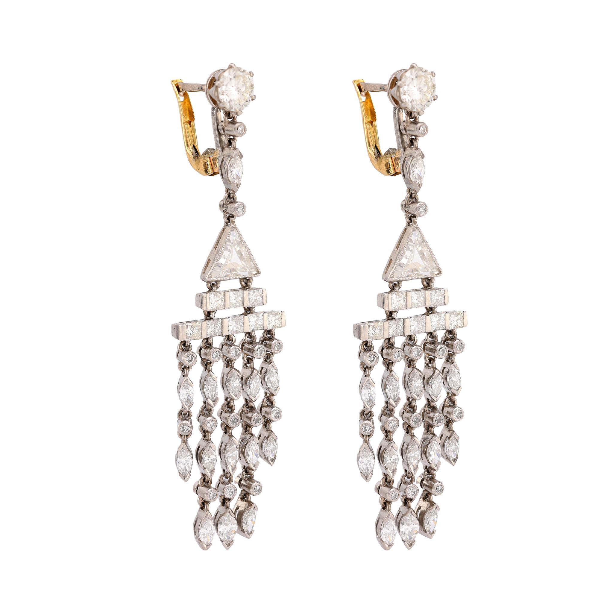 Modern Art Deco inspired 6 carat total weight diamond platinum chandelier earrings For Sale