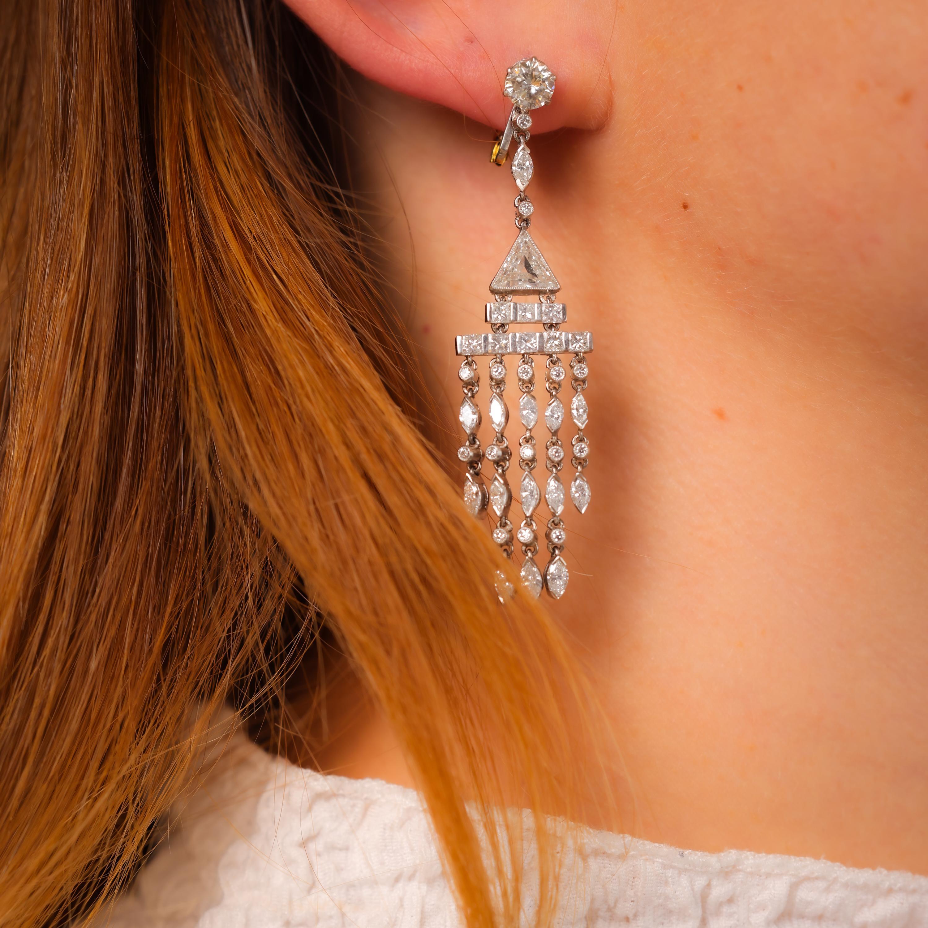 Round Cut Art Deco inspired 6 carat total weight diamond platinum chandelier earrings For Sale
