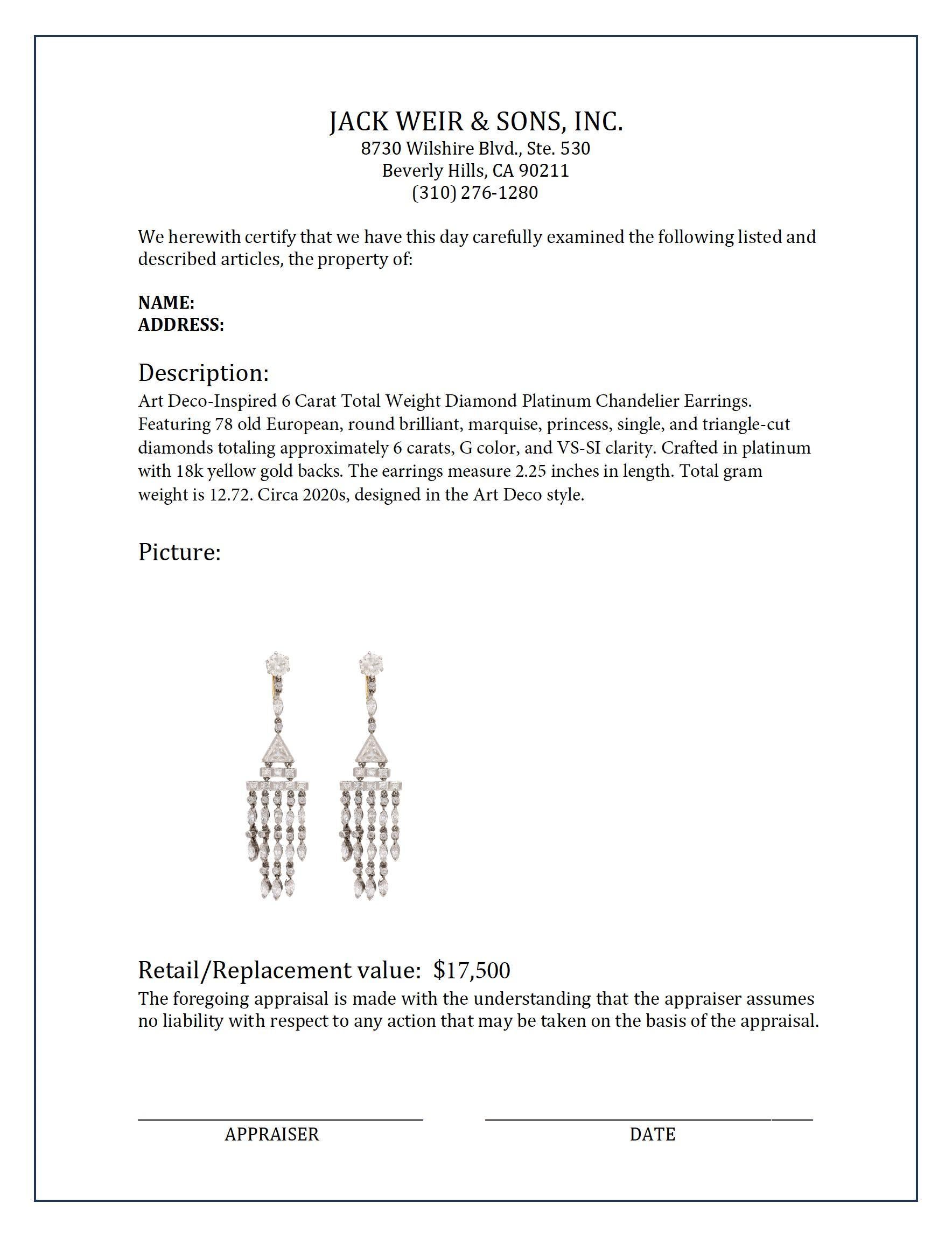 Art Deco inspired 6 carat total weight diamond platinum chandelier earrings In Excellent Condition For Sale In Beverly Hills, CA