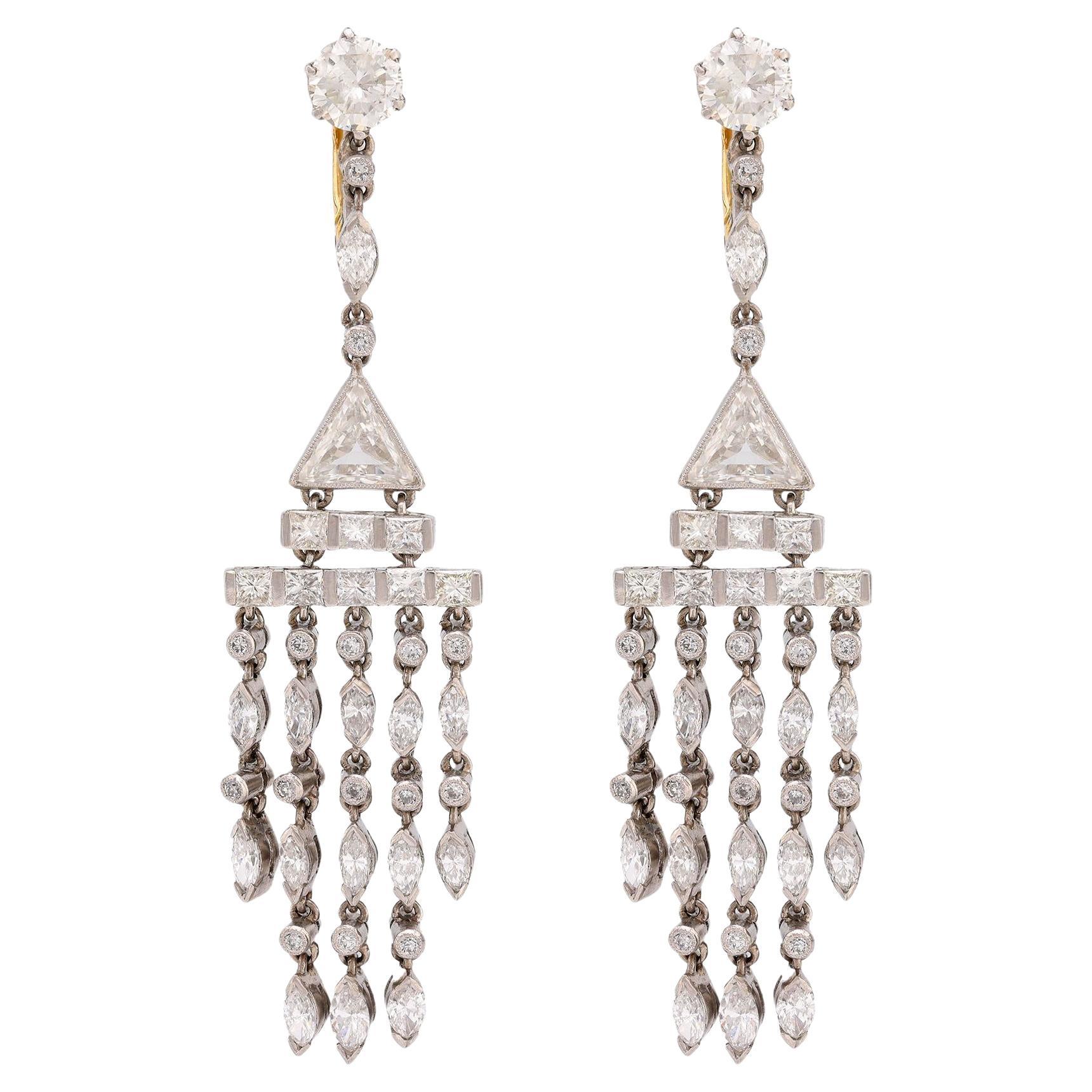 Art Deco inspired 6 carat total weight diamond platinum chandelier earrings