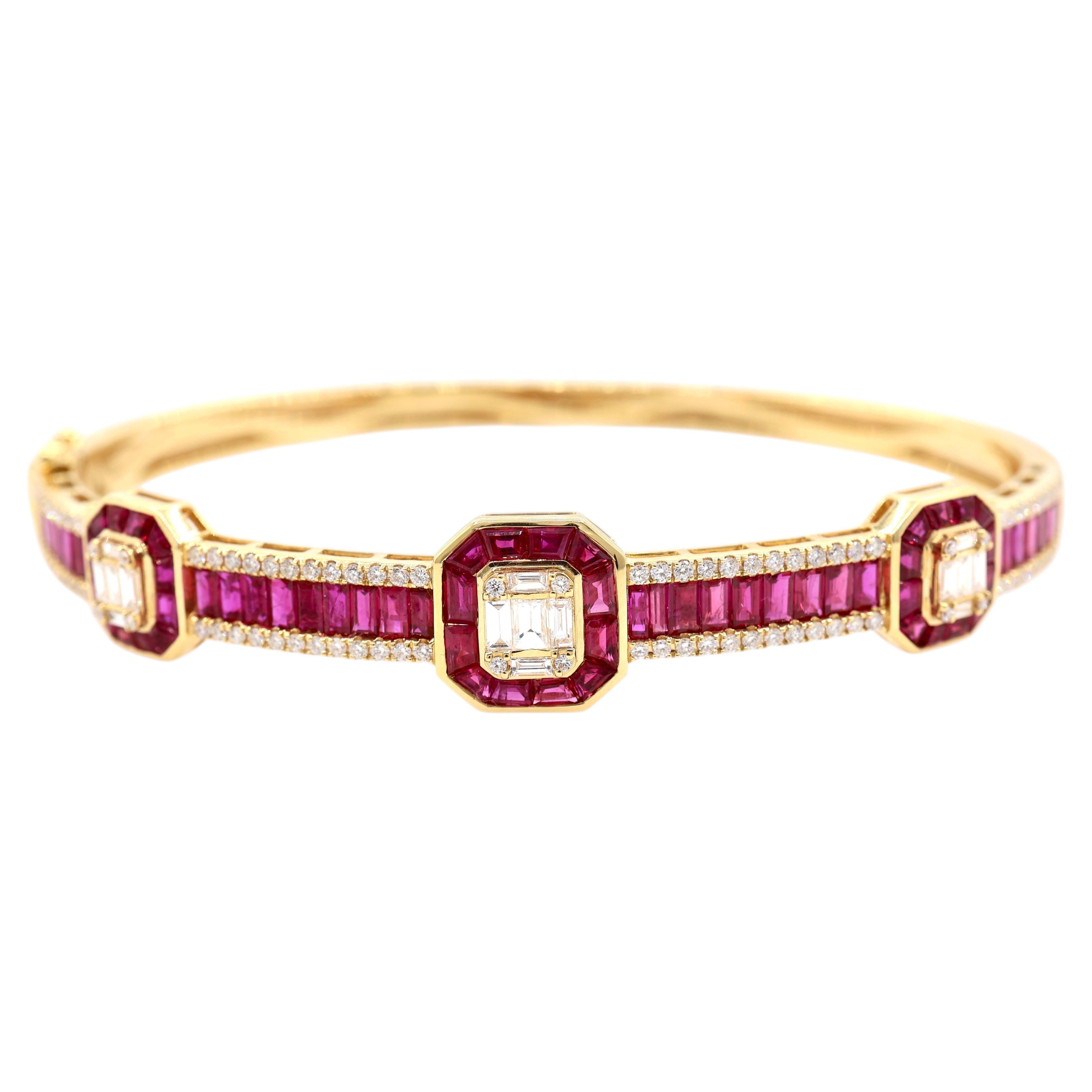 Art Deco Inspired 6.68 Carat Ruby and Diamond Bangle Bracelet in 18K Yellow Gold