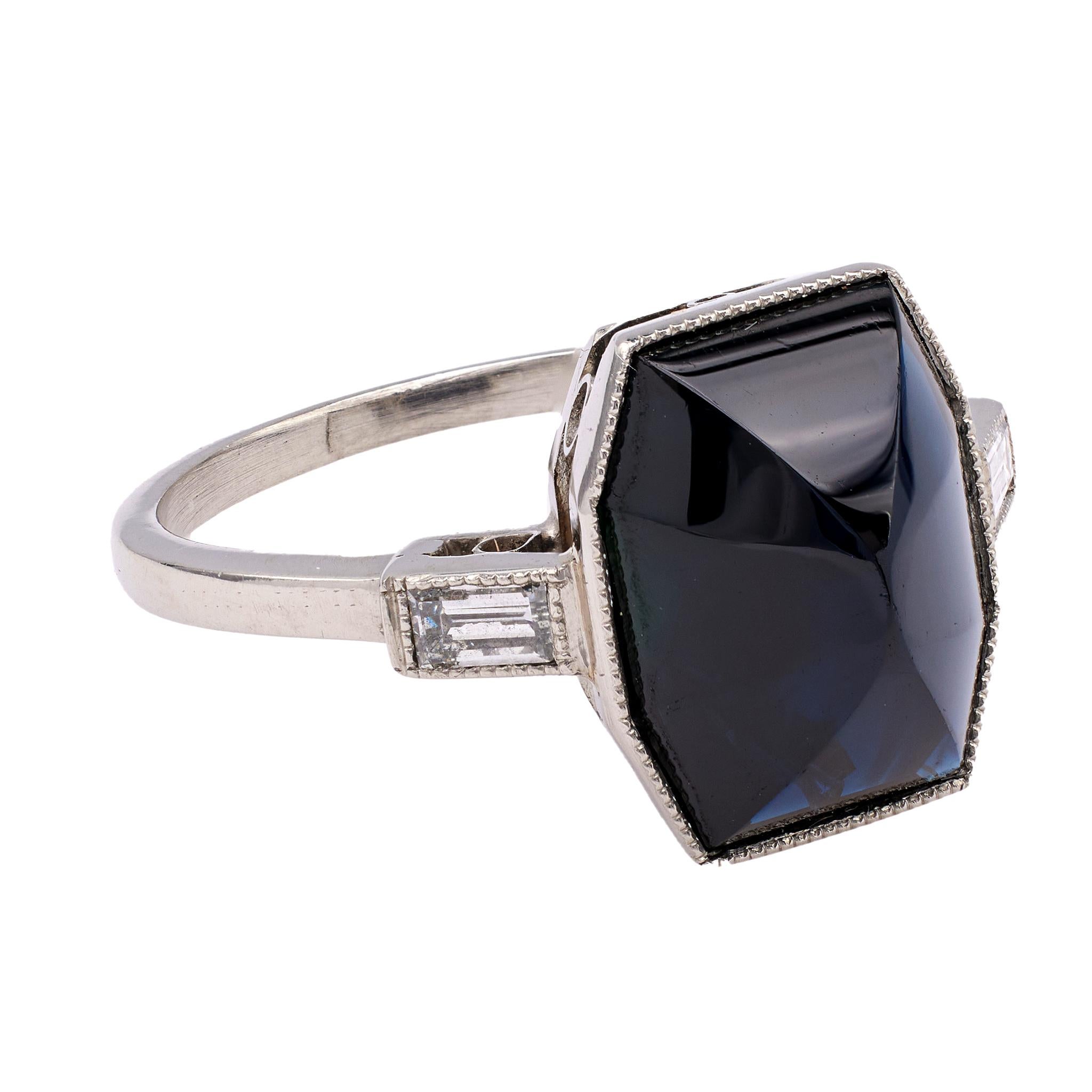 Women's or Men's Art Deco Inspired 6.92 Carat Sapphire and Diamond Platinum Ring For Sale
