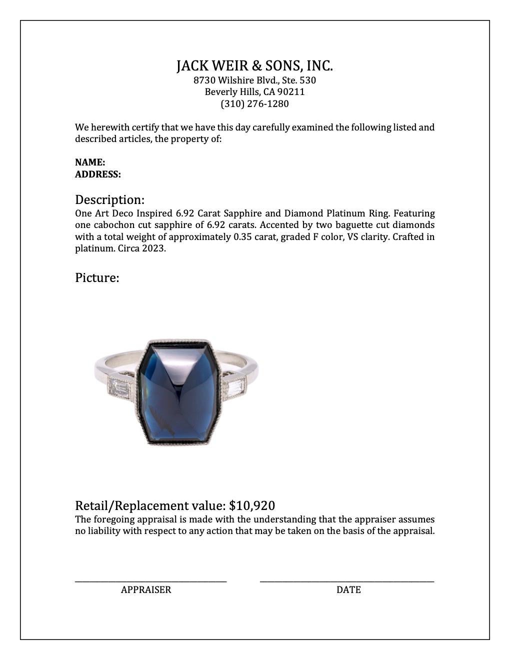 Art Deco Inspired 6.92 Carat Sapphire and Diamond Platinum Ring For Sale 2