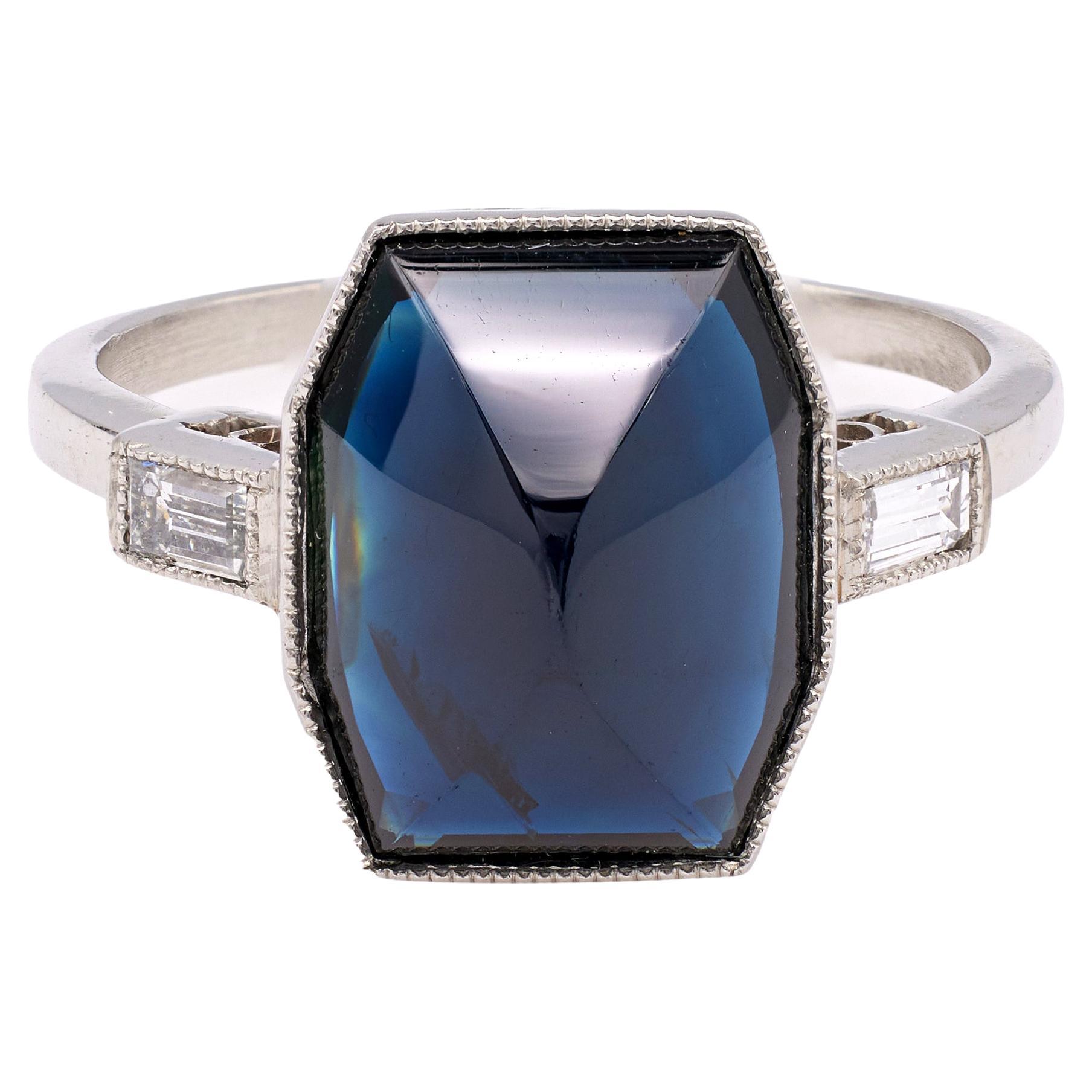 Art Deco Inspired 6.92 Carat Sapphire and Diamond Platinum Ring For Sale