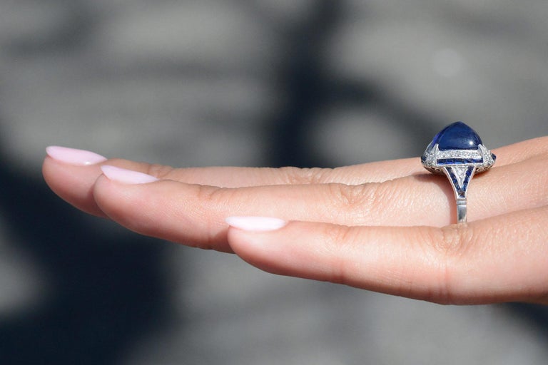 Art Deco Inspired 7 Carat Sugar Loaf Sapphire Diamond Ring For Sale at
