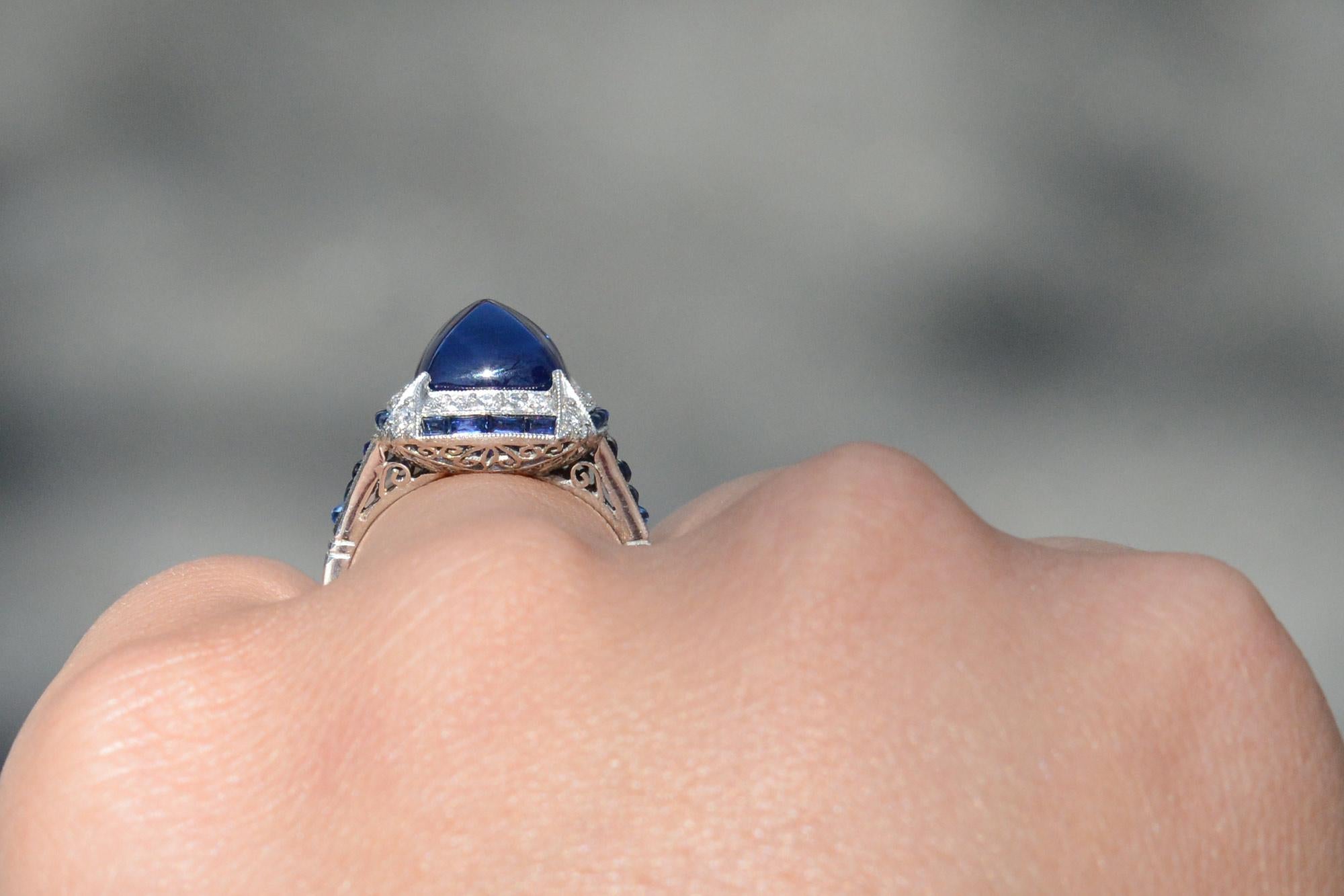 Sugarloaf Cabochon Art Deco Inspired 7 Carat Sugar Loaf Sapphire Diamond Ring For Sale