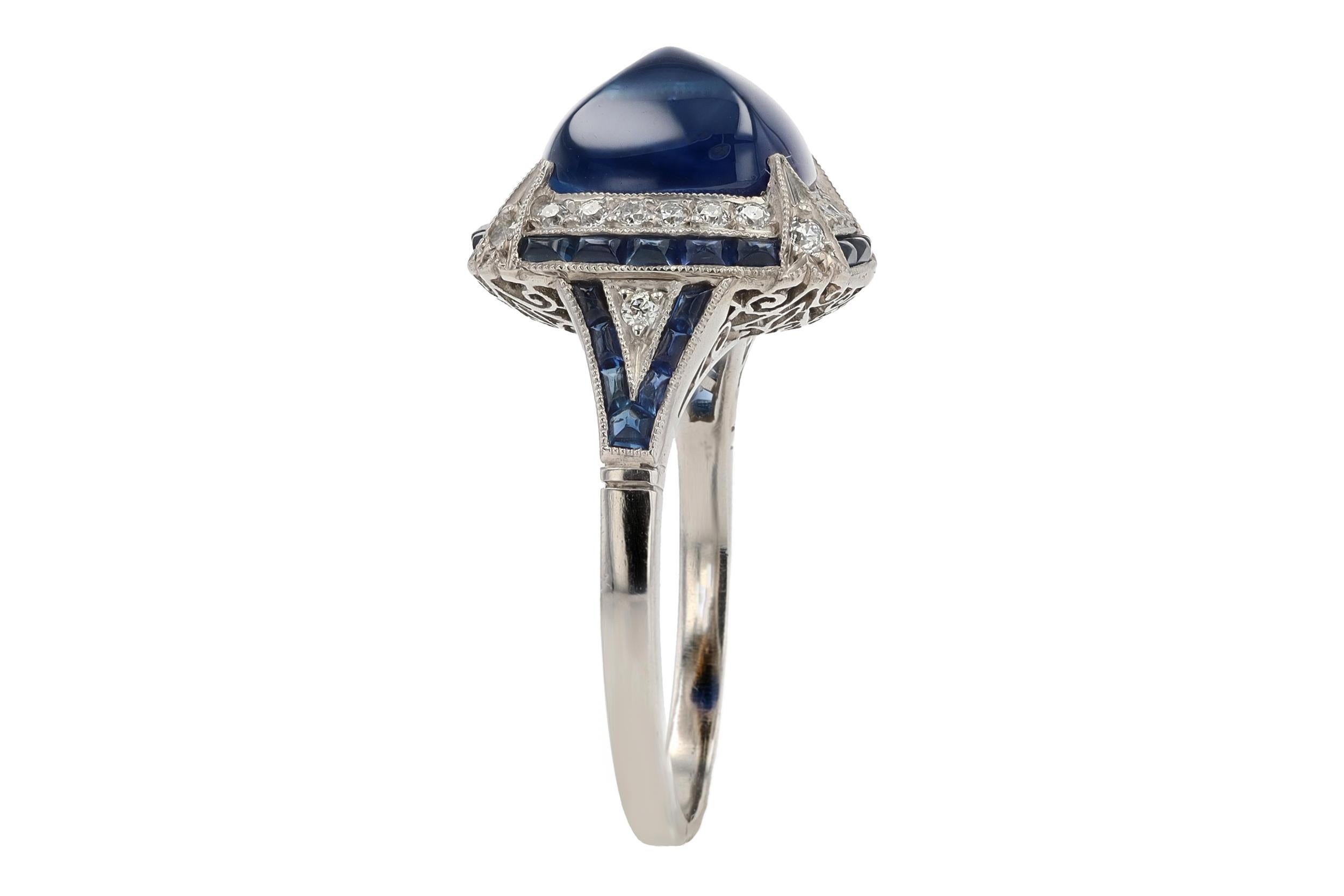 Women's Art Deco Inspired 7 Carat Sugar Loaf Sapphire Diamond Ring For Sale