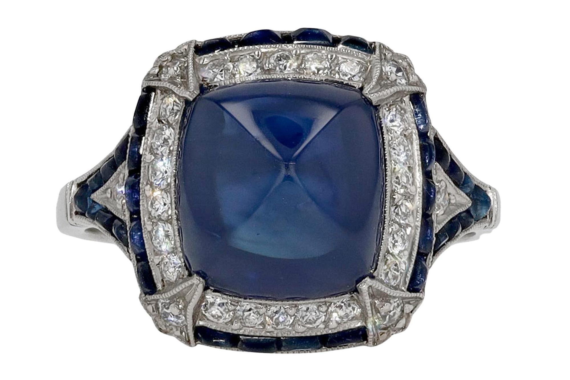 Art Deco Inspired 7 Carat Sugar Loaf Sapphire Diamond Ring In New Condition For Sale In Santa Barbara, CA
