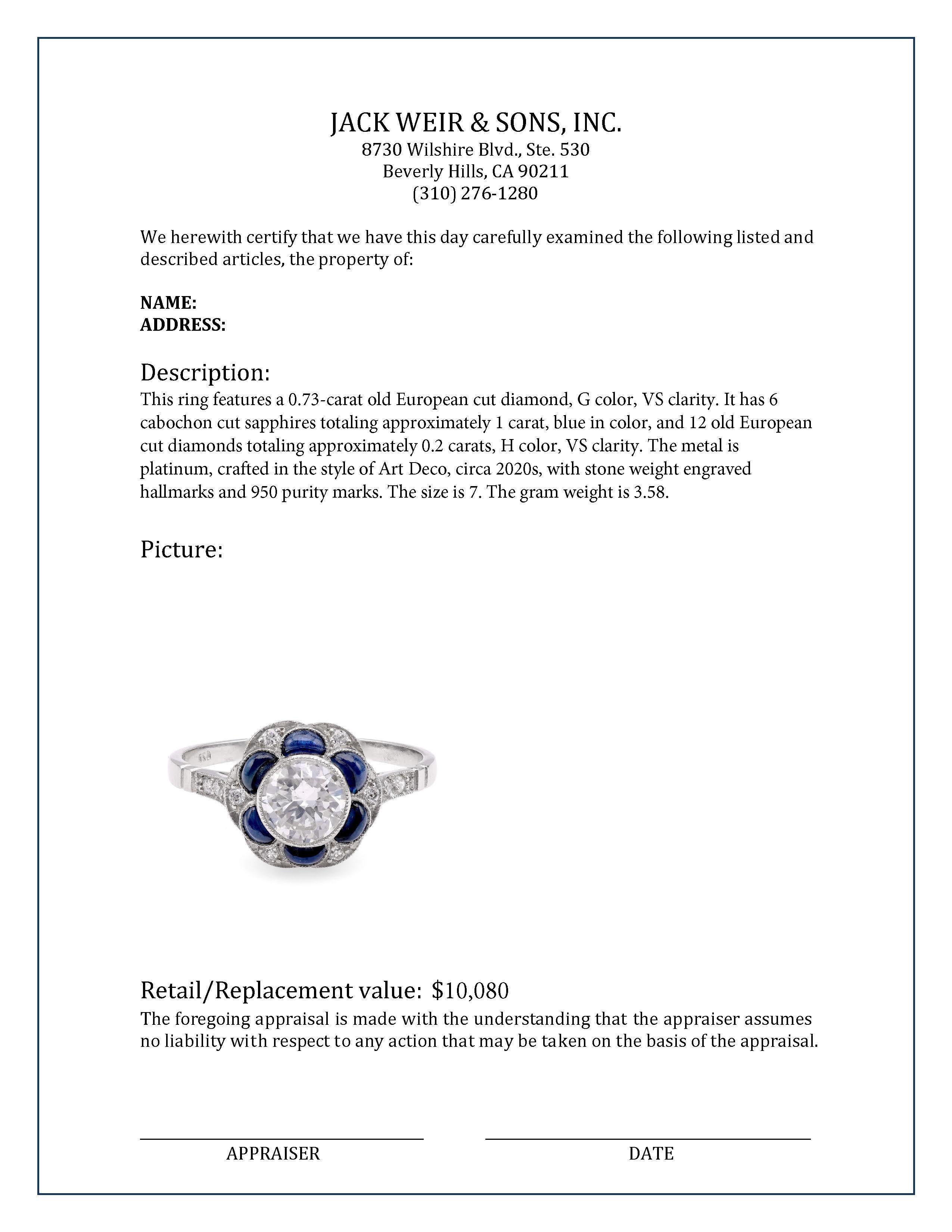 Art Deco inspirierter Platin-Cluster-Ring,73 Karat Diamant, Saphir und Platin (Alteuropäischer Schliff)