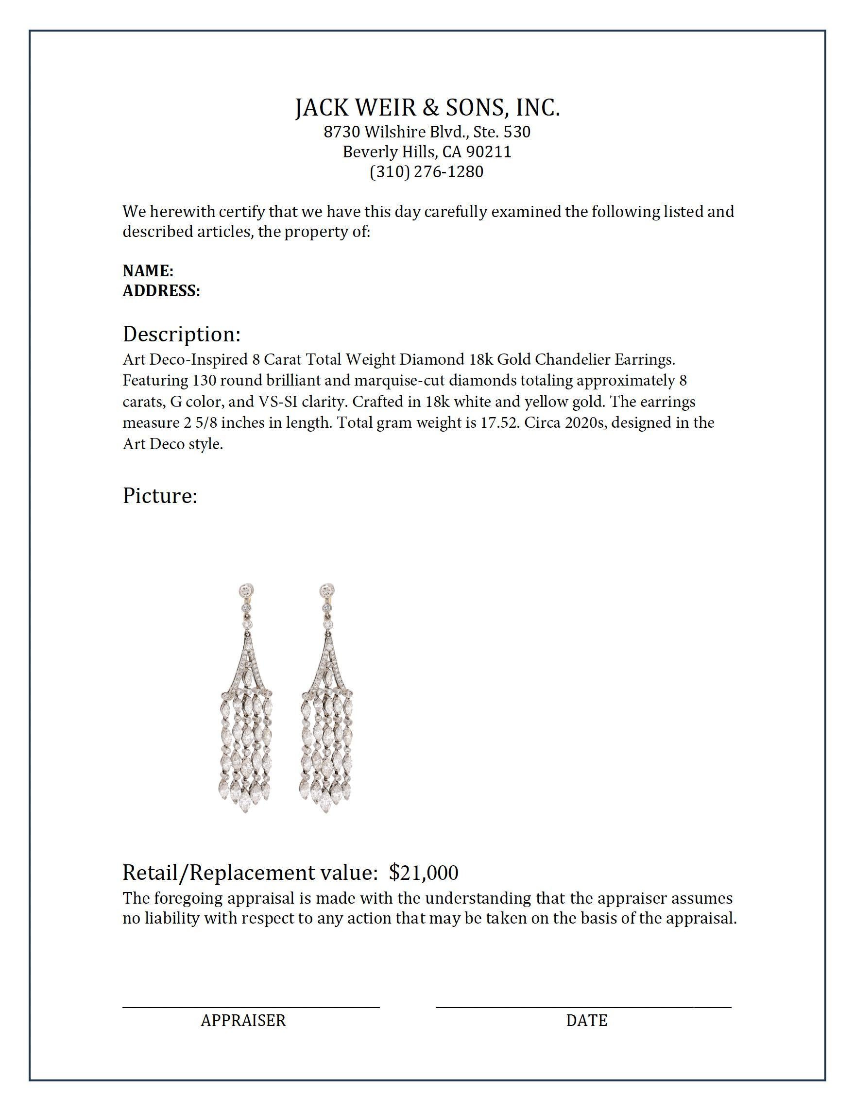 Boucles d'oreilles chandelier d'inspiration Art déco en or 18 carats avec diamants d'un poids total de 8 carats Excellent état - En vente à Beverly Hills, CA