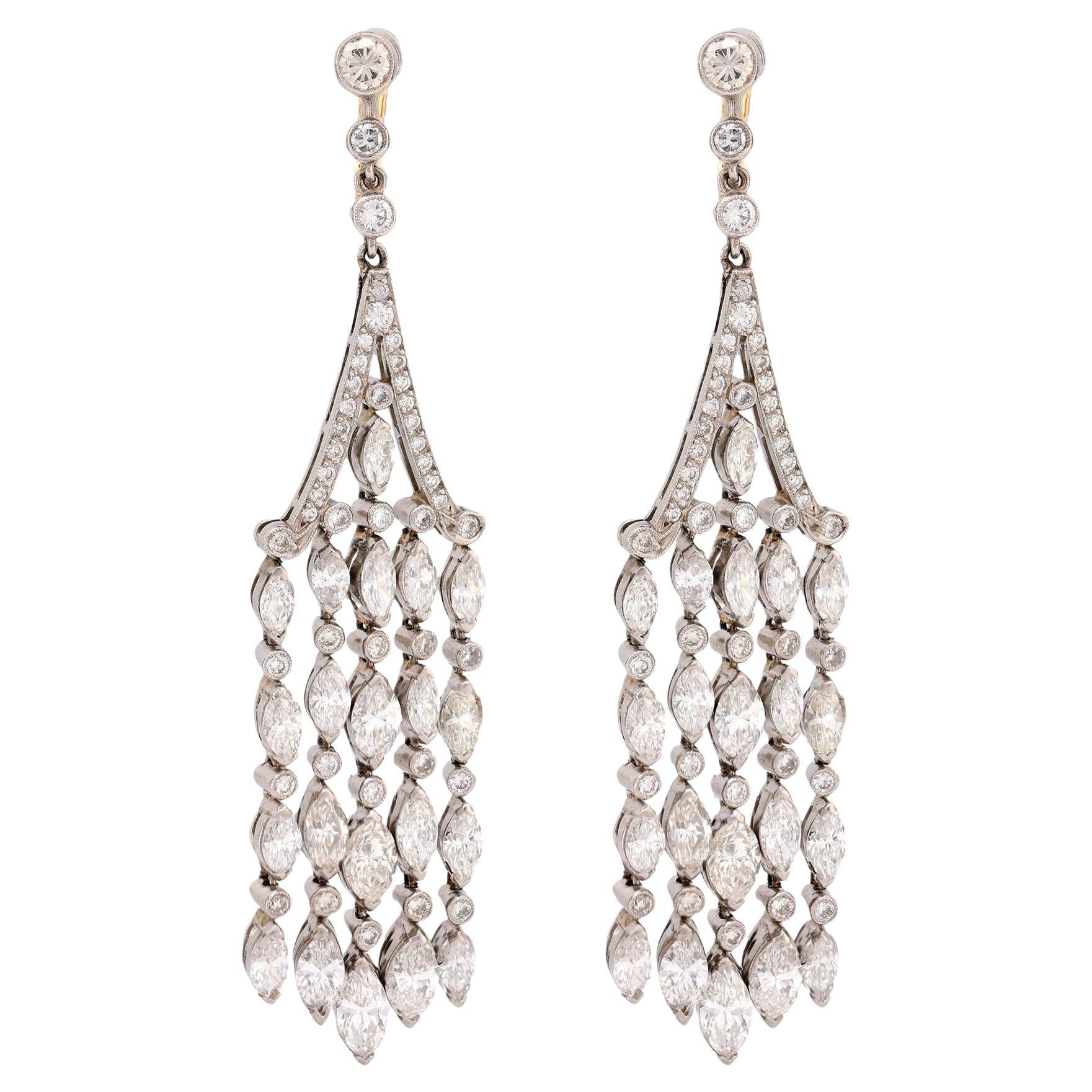 Art Deco inspired 8 carat total weight diamond 18k gold chandelier earrings