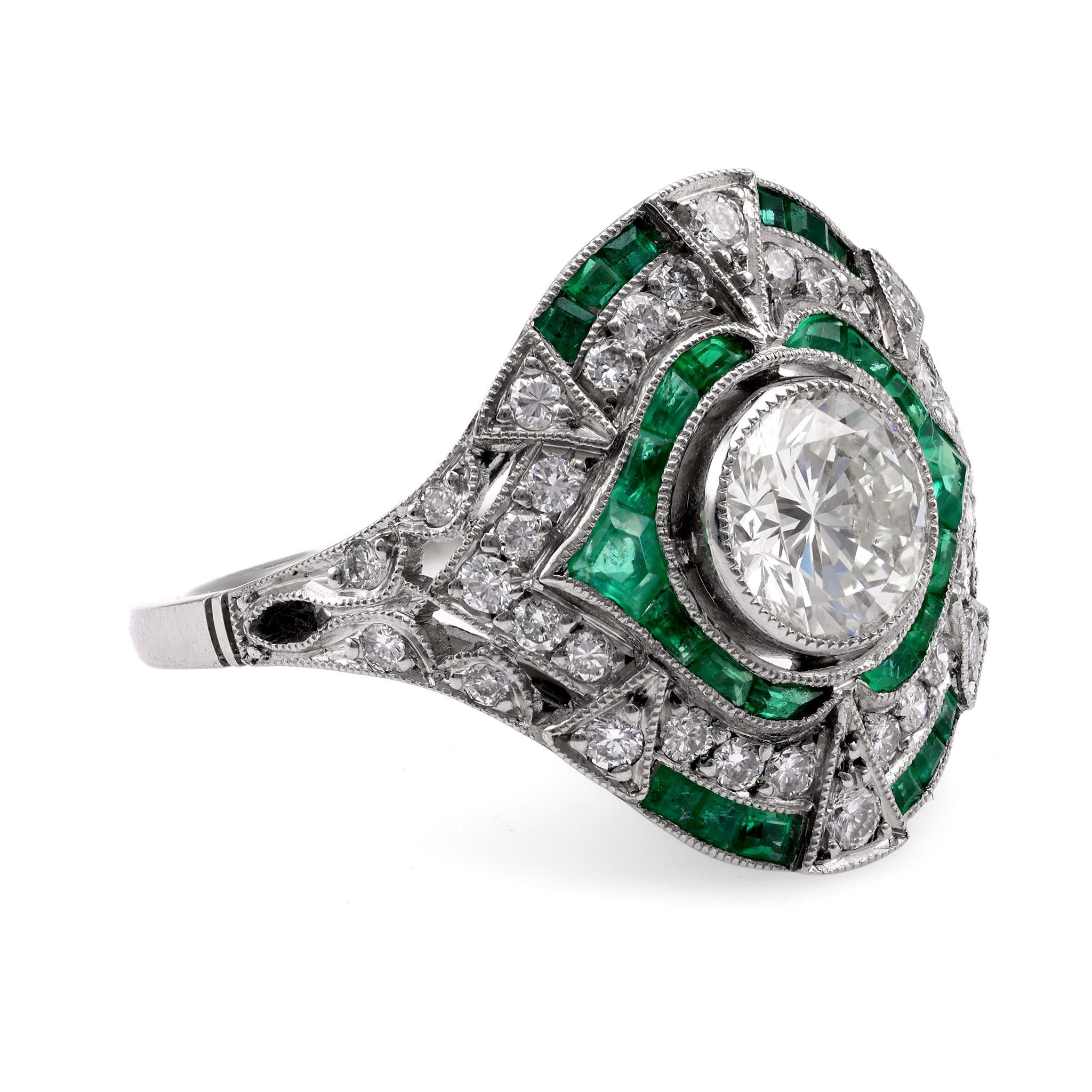 Brilliant Cut Art Deco Inspired .83 Carat Diamond Emerald Platinum Ring For Sale