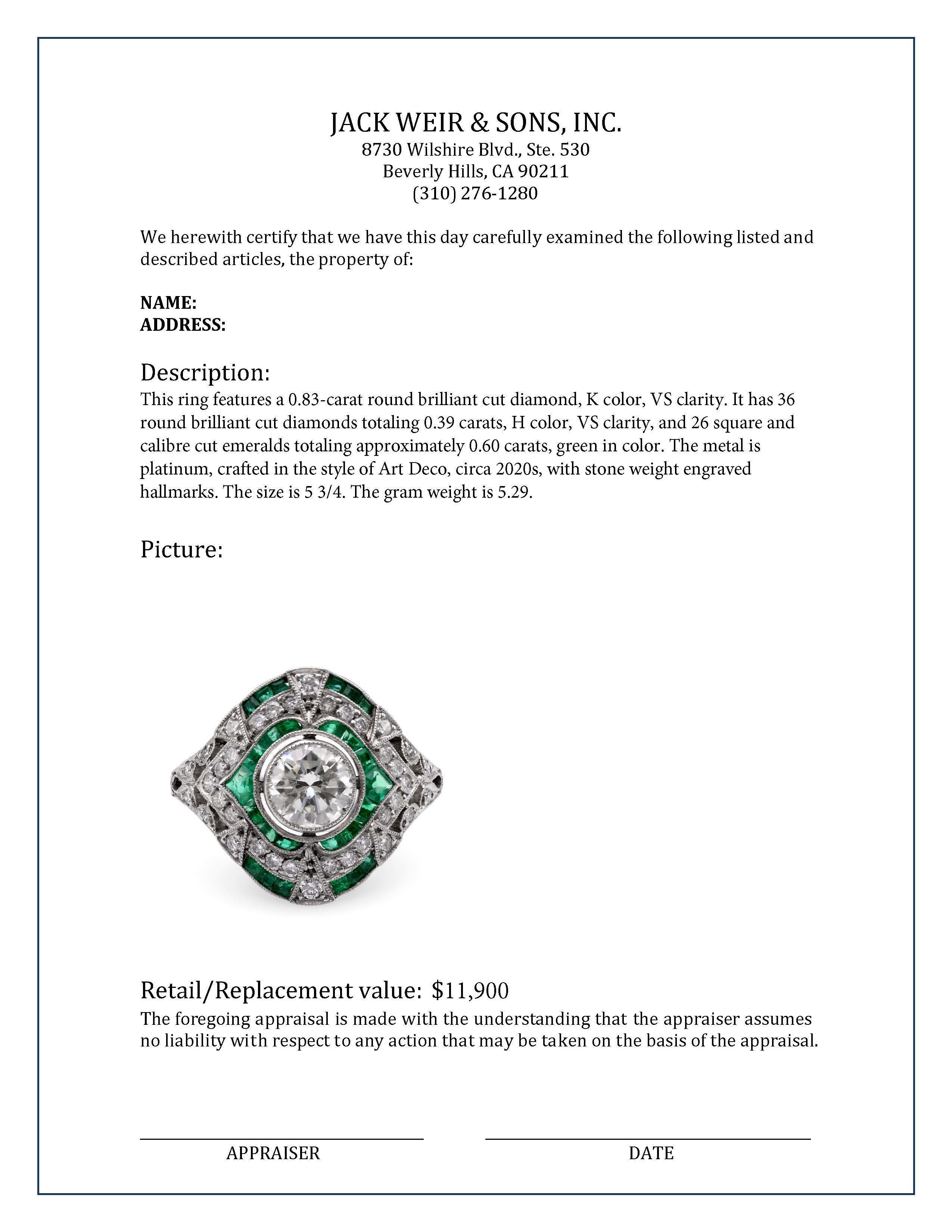 Art Deco Inspired .83 Carat Diamond Emerald Platinum Ring In Excellent Condition For Sale In Beverly Hills, CA