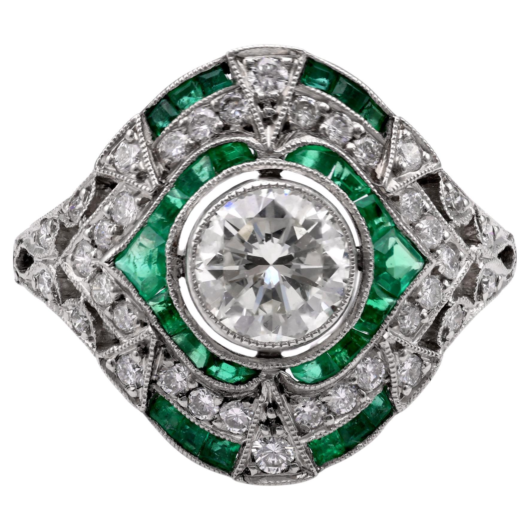 Art Deco Inspired .83 Carat Diamond Emerald Platinum Ring