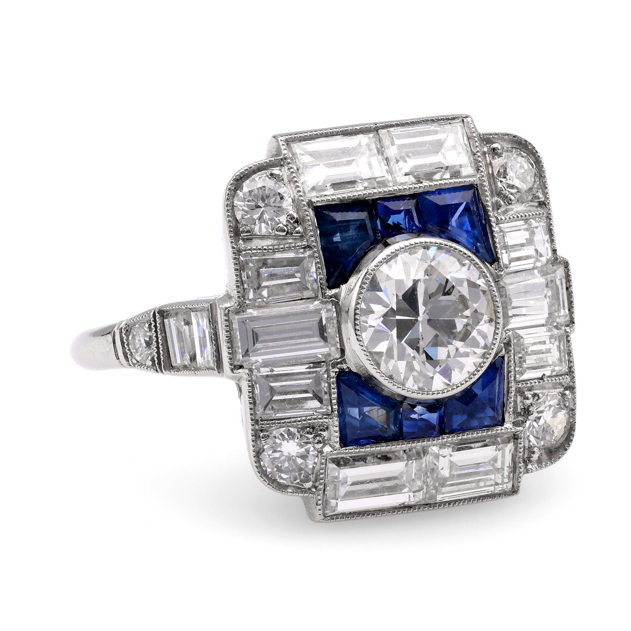 Anillo de Cóctel de Platino con Zafiro y Diamantes de 0,89 Quilates Inspirado en el Art Decó Corte europeo antiguo en venta